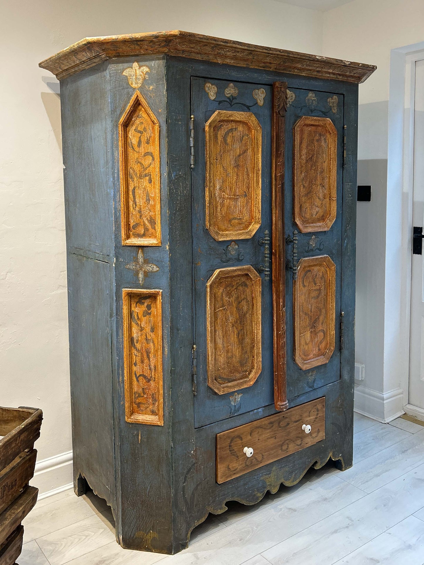 Antique Vintage Hand Painted Plaster On Pine East European Marriage Wardrobe