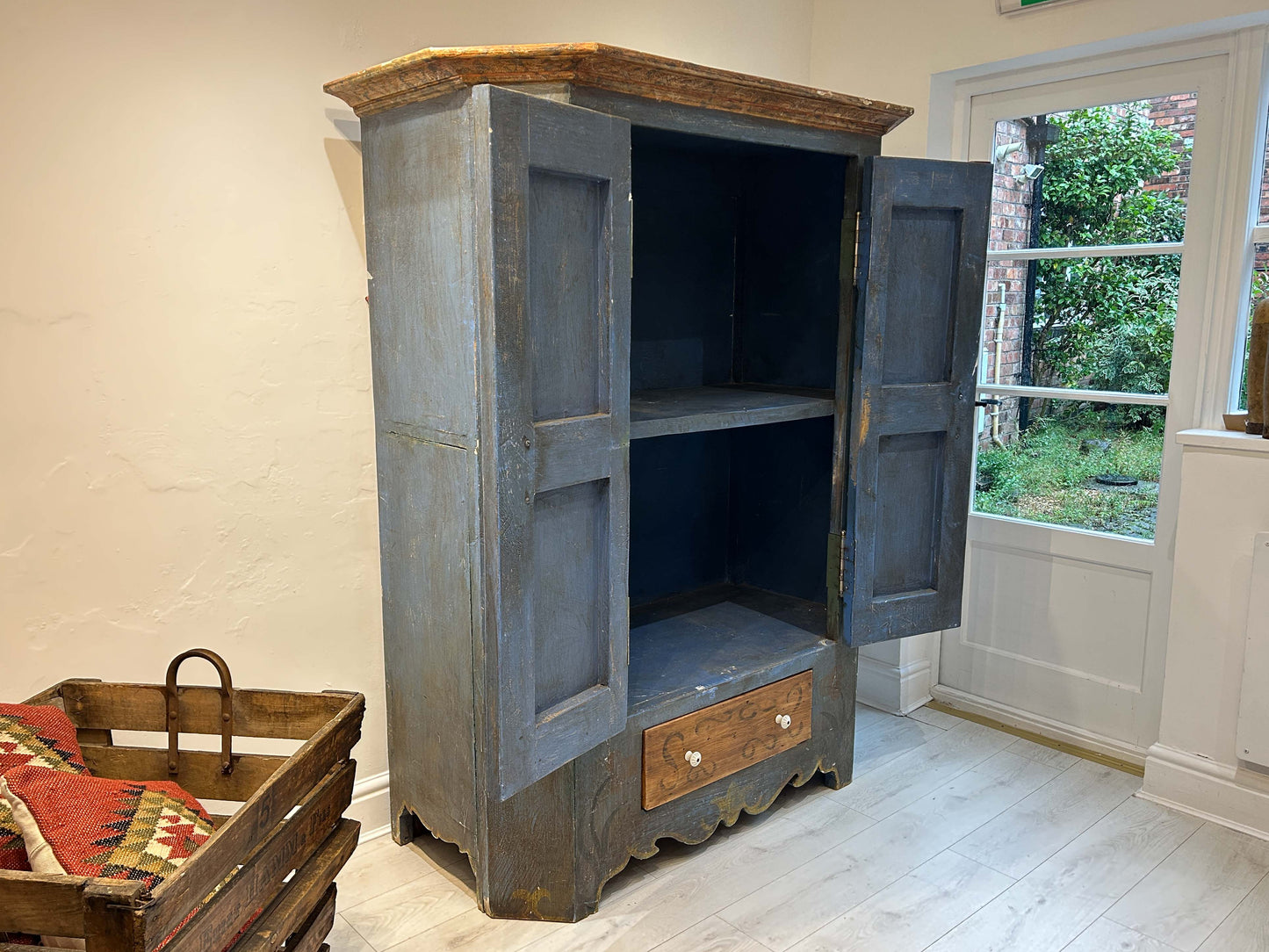 Antique Vintage Hand Painted Plaster On Pine East European Marriage Wardrobe