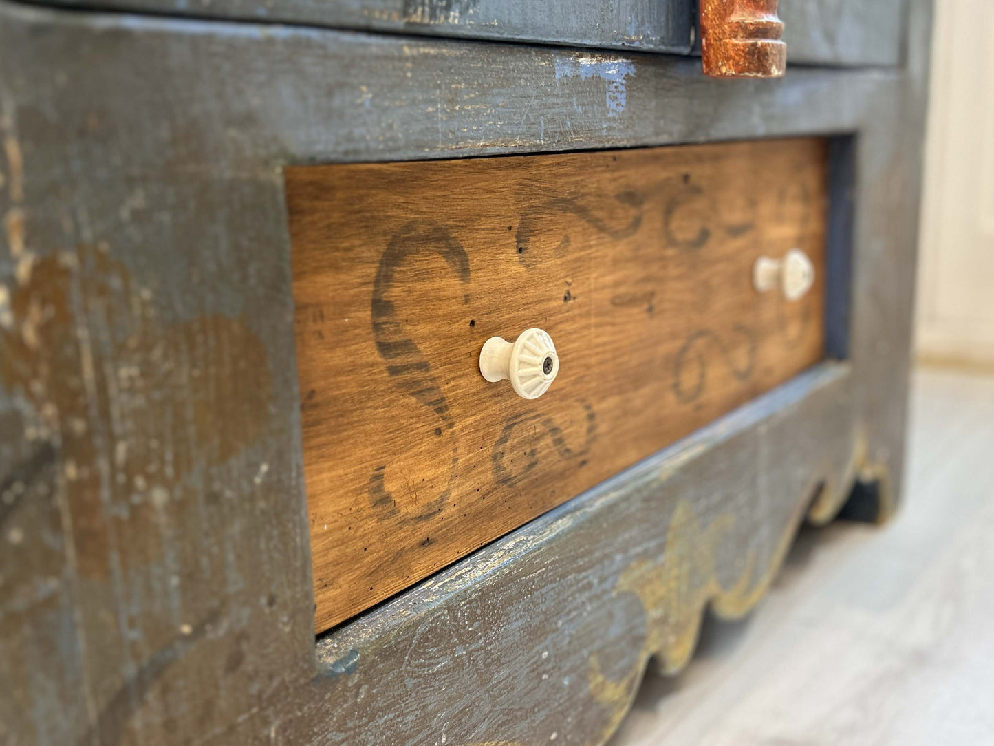 Antique Vintage Hand Painted Plaster On Pine East European Marriage Wardrobe