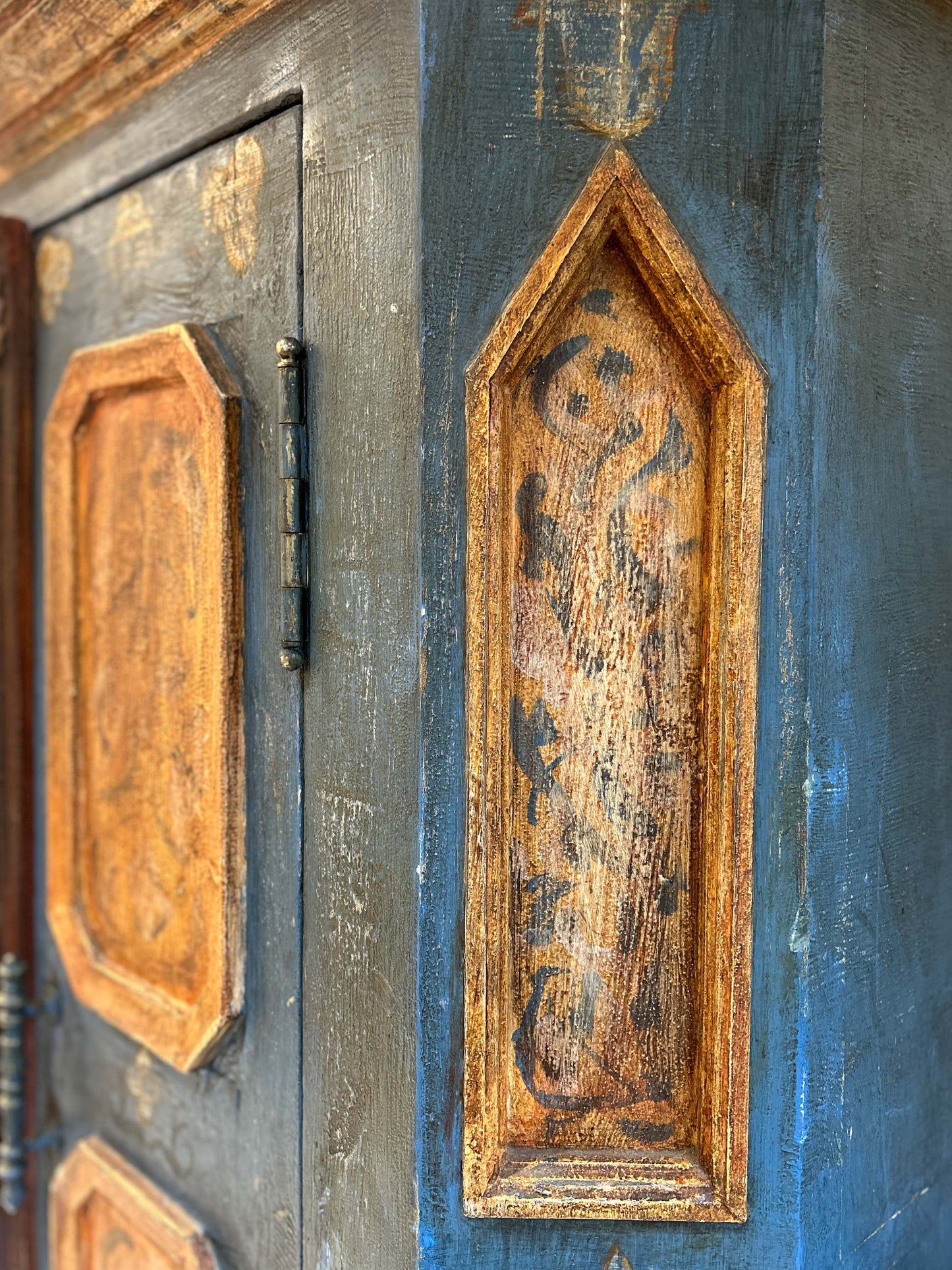 Antique Vintage Hand Painted Plaster On Pine East European Marriage Wardrobe