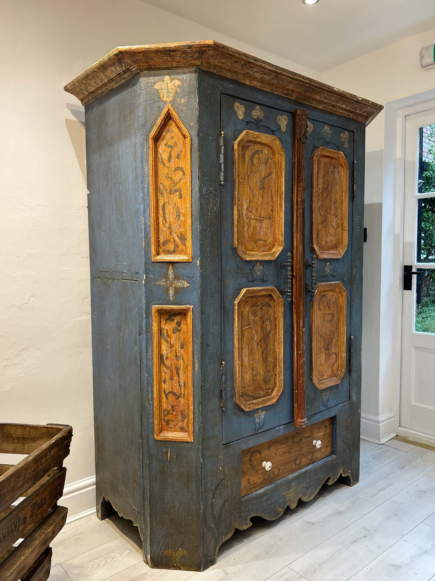 Antique Vintage Hand Painted Plaster On Pine East European Marriage Wardrobe