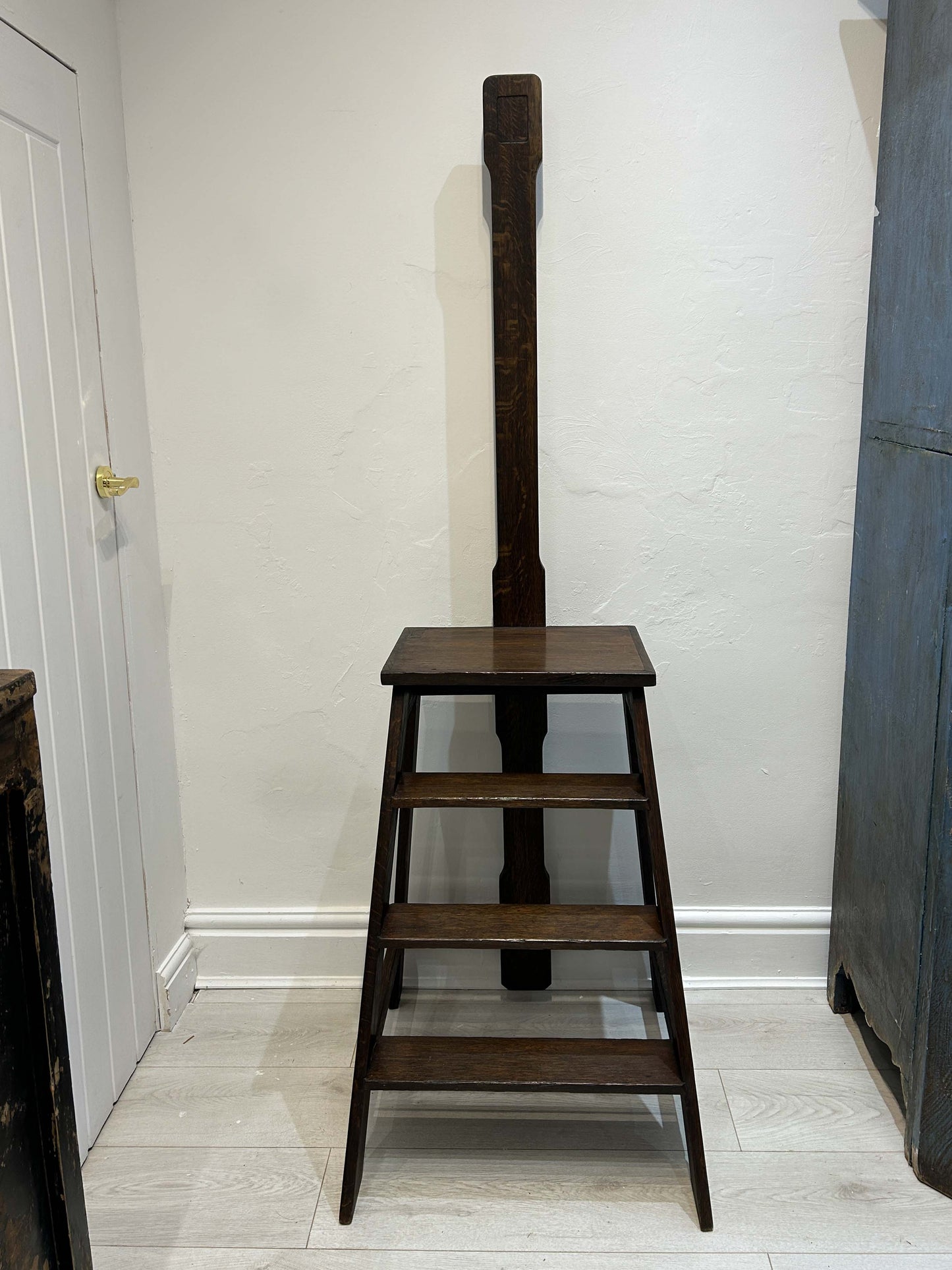 Antique Vintage Oak Library Steps With Hand Rail From Merchant Taylors School, Liverpool