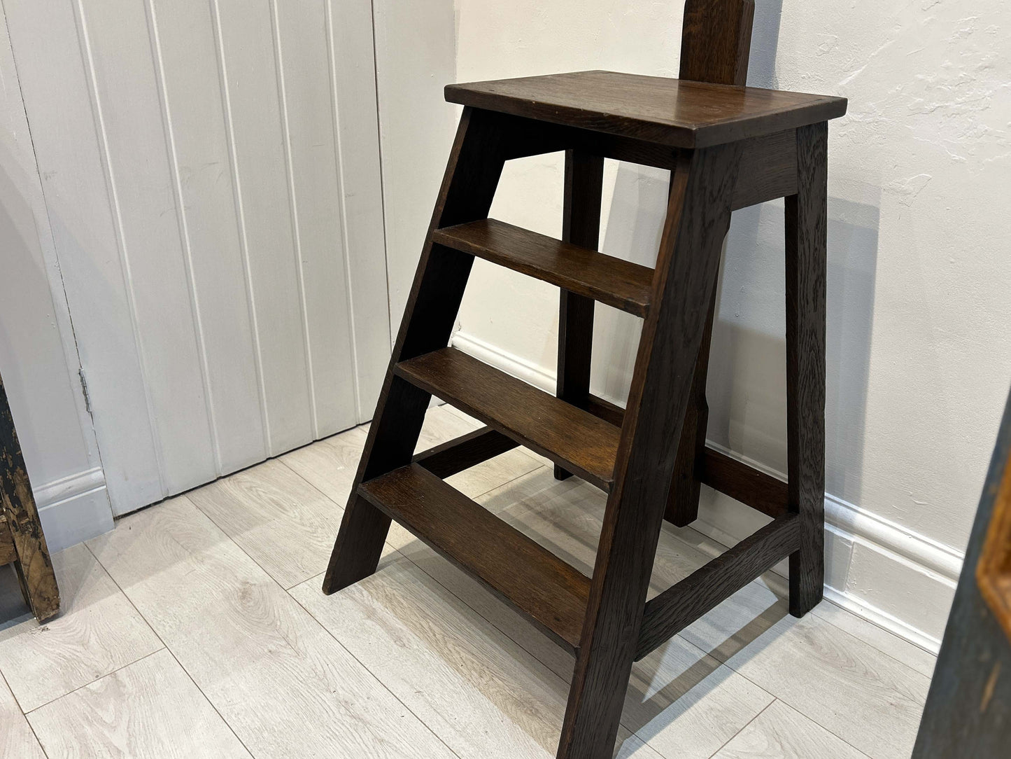 Antique Vintage Oak Library Steps With Hand Rail From Merchant Taylors School, Liverpool