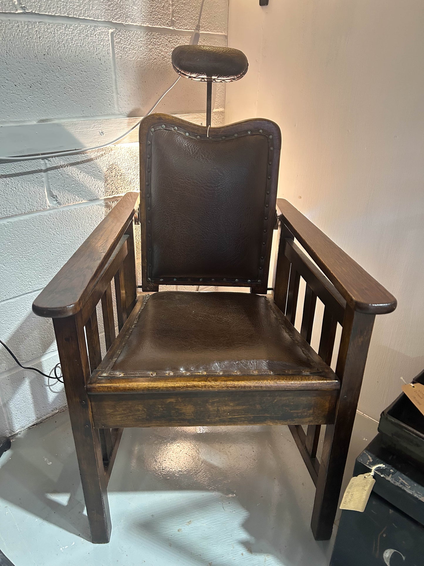 Antique 1920’s Barbers Wooden Leather Chair with Reclining Back and Headrest