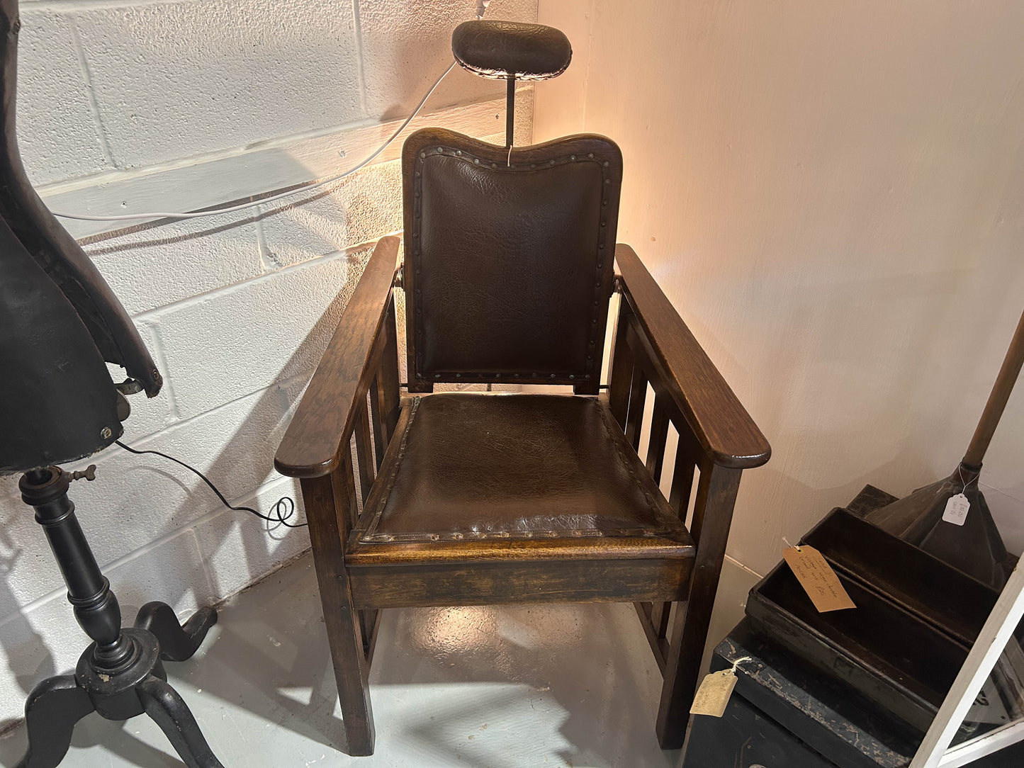 Antique 1920’s Barbers Wooden Leather Chair with Reclining Back and Headrest