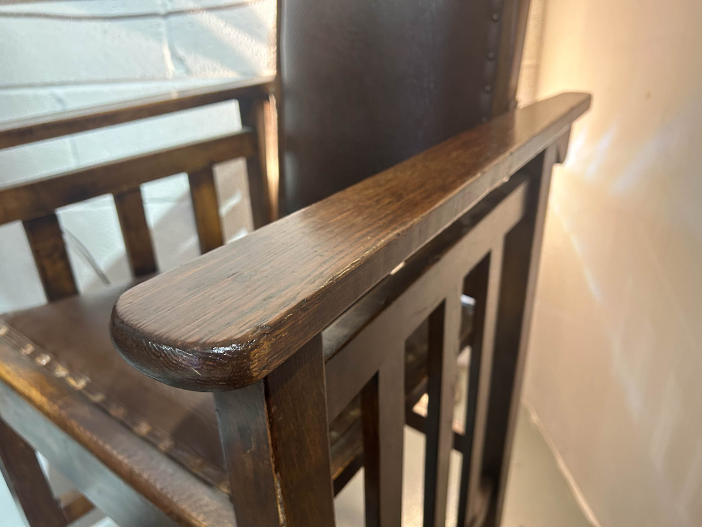 Antique 1920’s Barbers Wooden Leather Chair with Reclining Back and Headrest