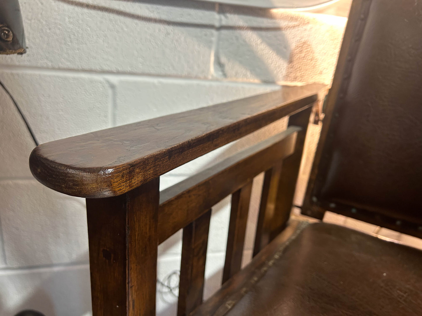 Antique 1920’s Barbers Wooden Leather Chair with Reclining Back and Headrest