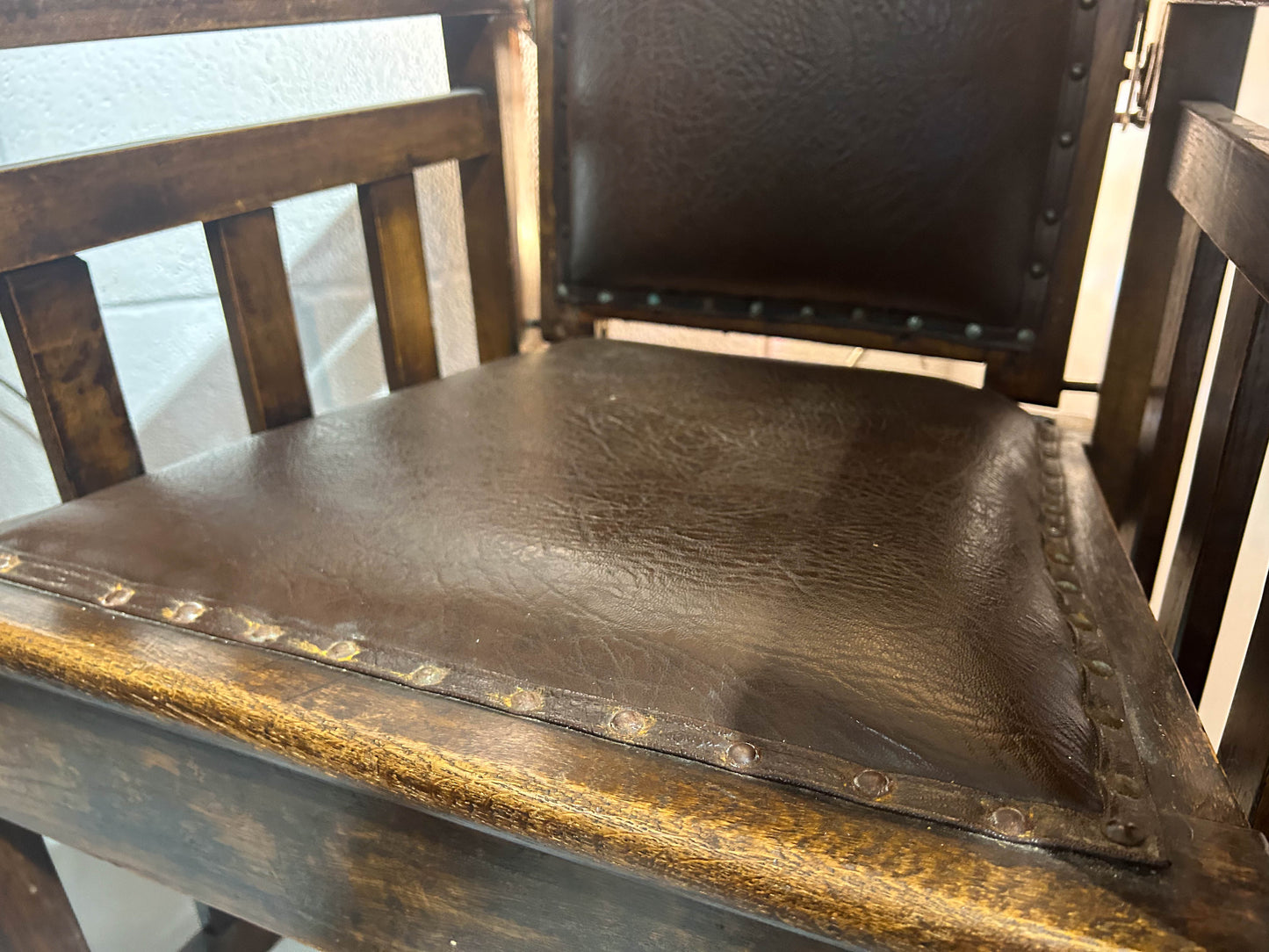 Antique 1920’s Barbers Wooden Leather Chair with Reclining Back and Headrest