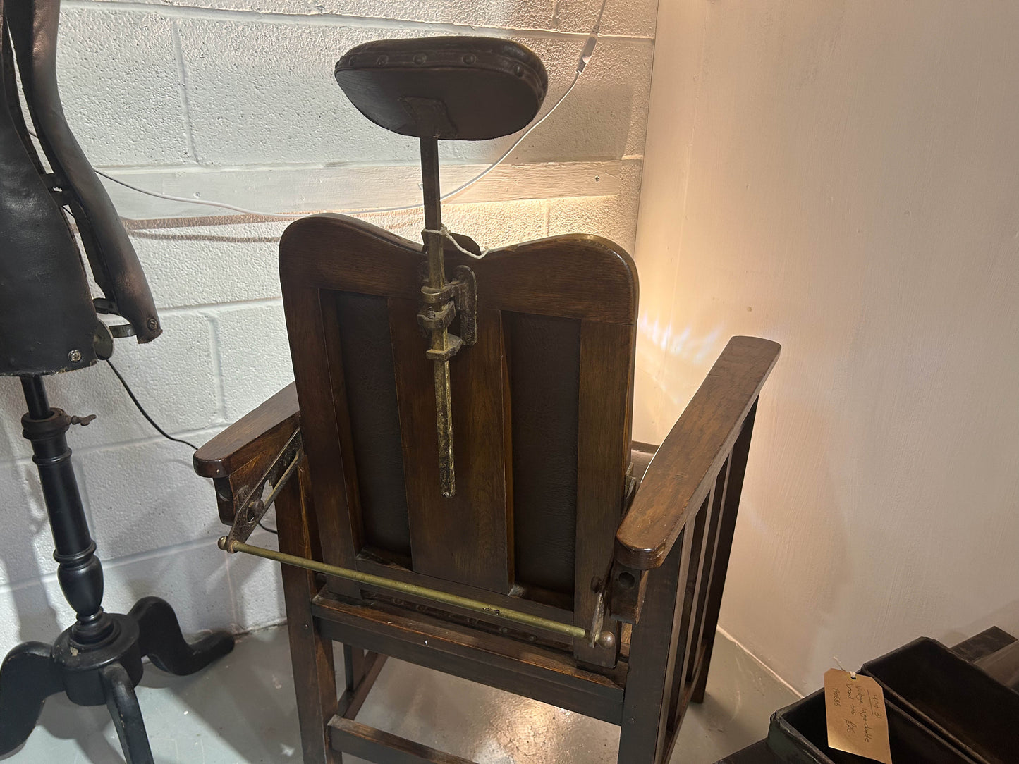 Antique 1920’s Barbers Wooden Leather Chair with Reclining Back and Headrest