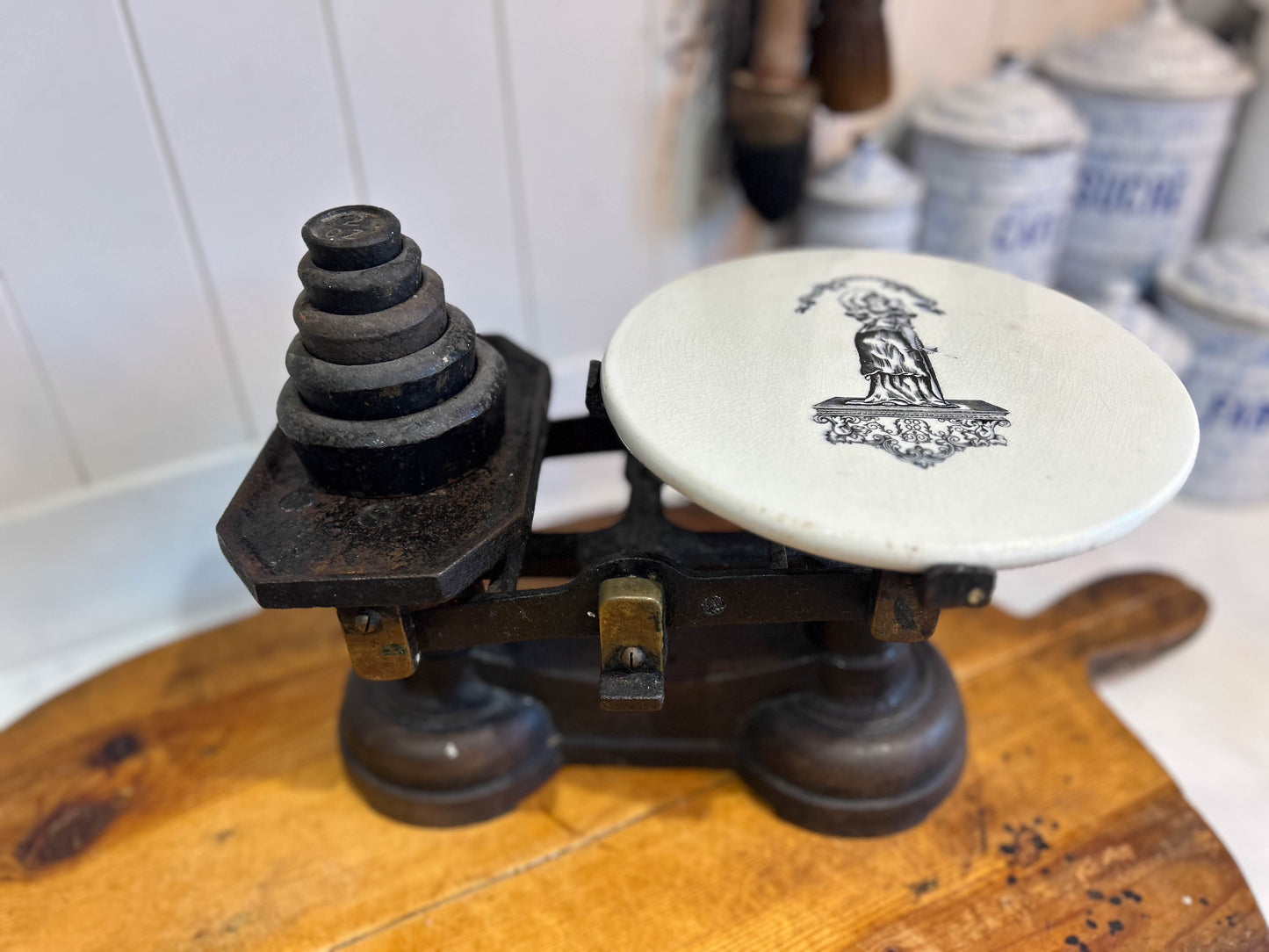 Vintage Antique Victorian Cast Iron Kitchen Balance Scales With Ceramic Plate and Weights