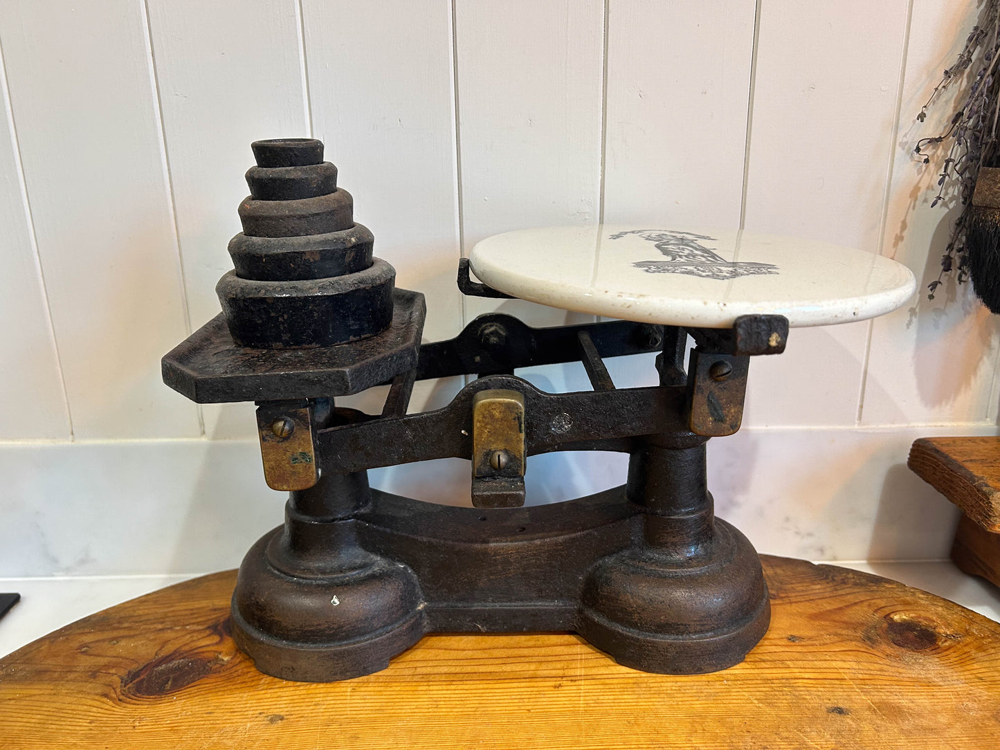 Vintage Antique Victorian Cast Iron Kitchen Balance Scales With Ceramic Plate and Weights