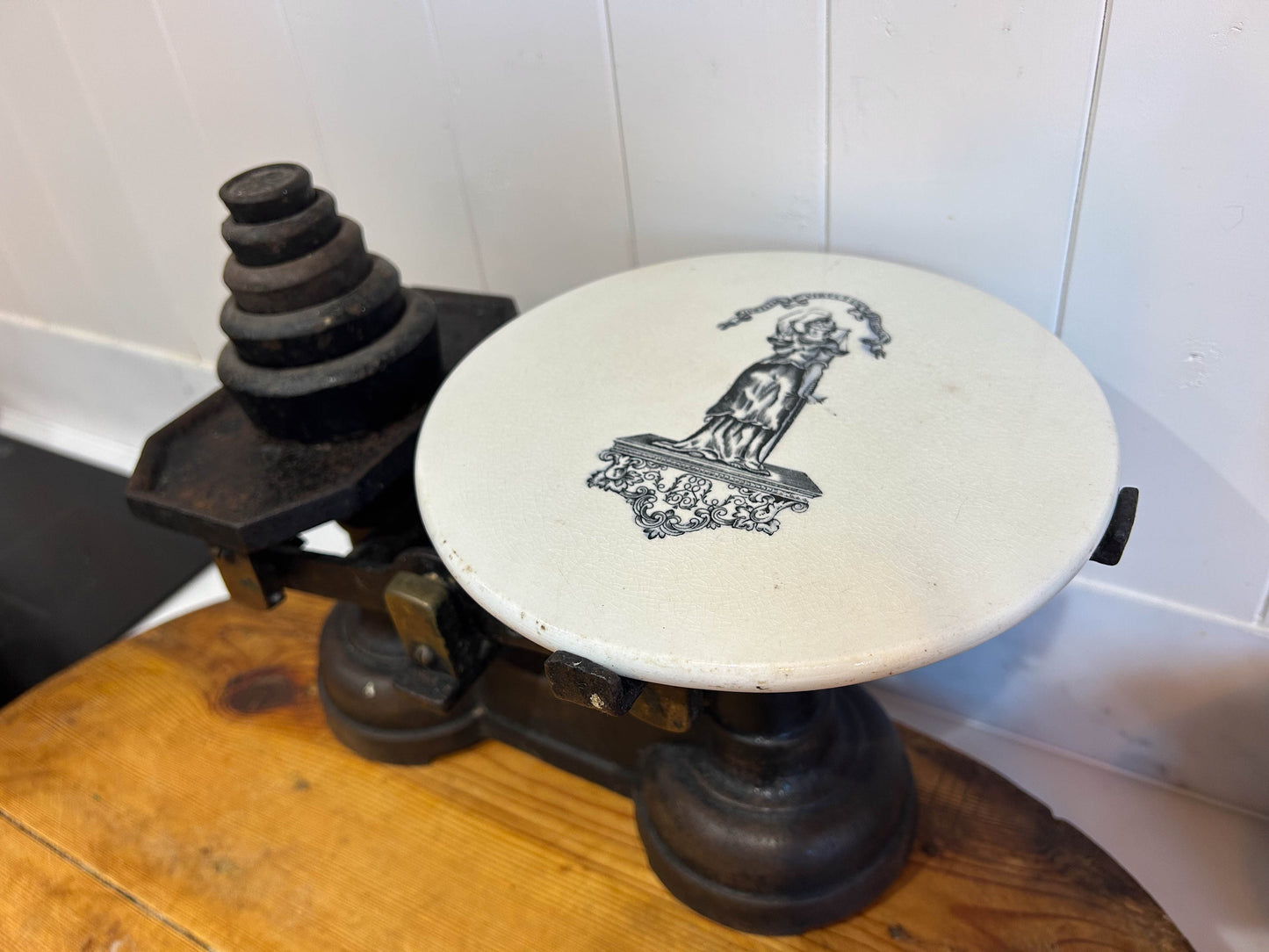 Vintage Antique Victorian Cast Iron Kitchen Balance Scales With Ceramic Plate and Weights