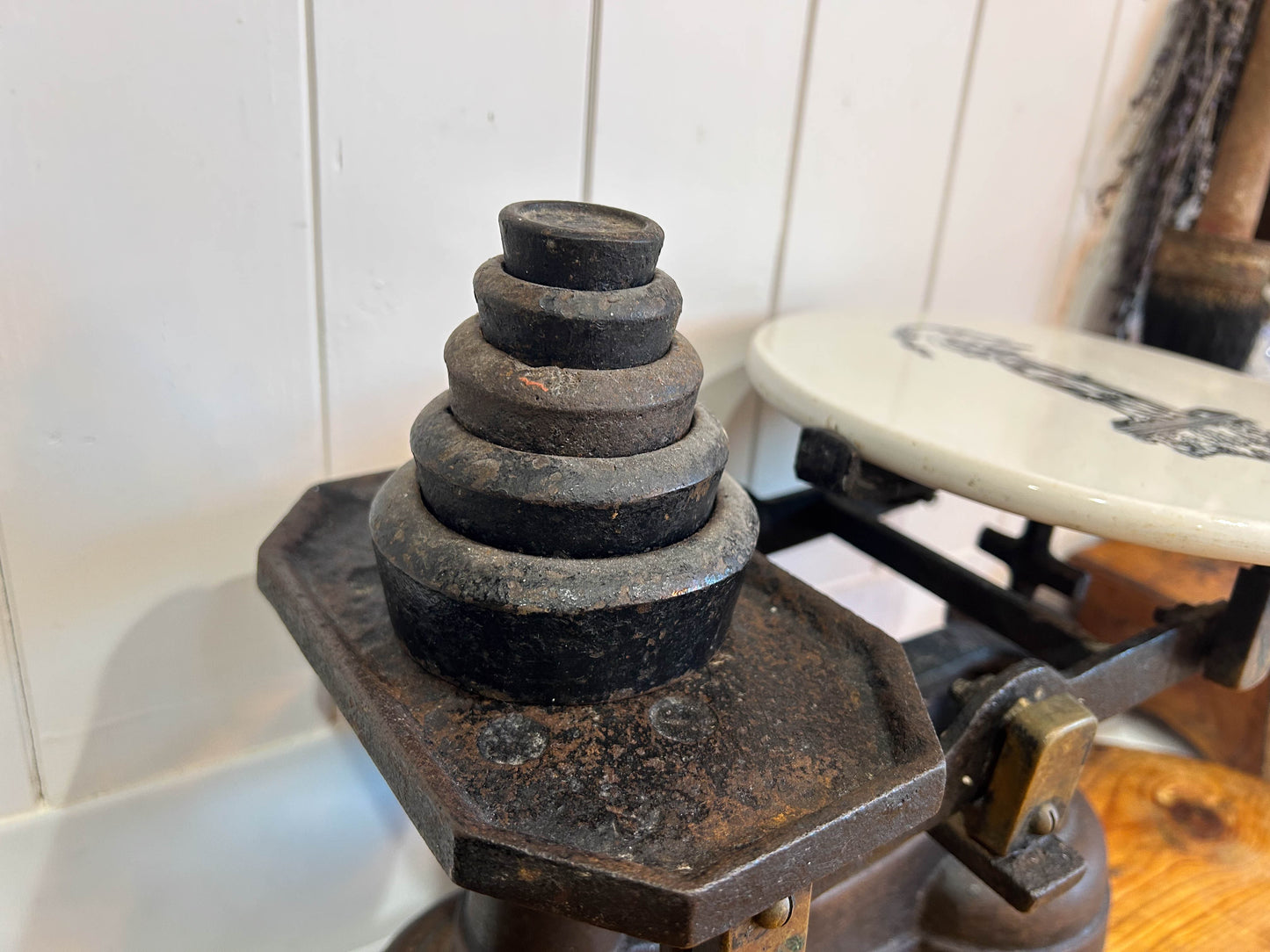 Vintage Antique Victorian Cast Iron Kitchen Balance Scales With Ceramic Plate and Weights