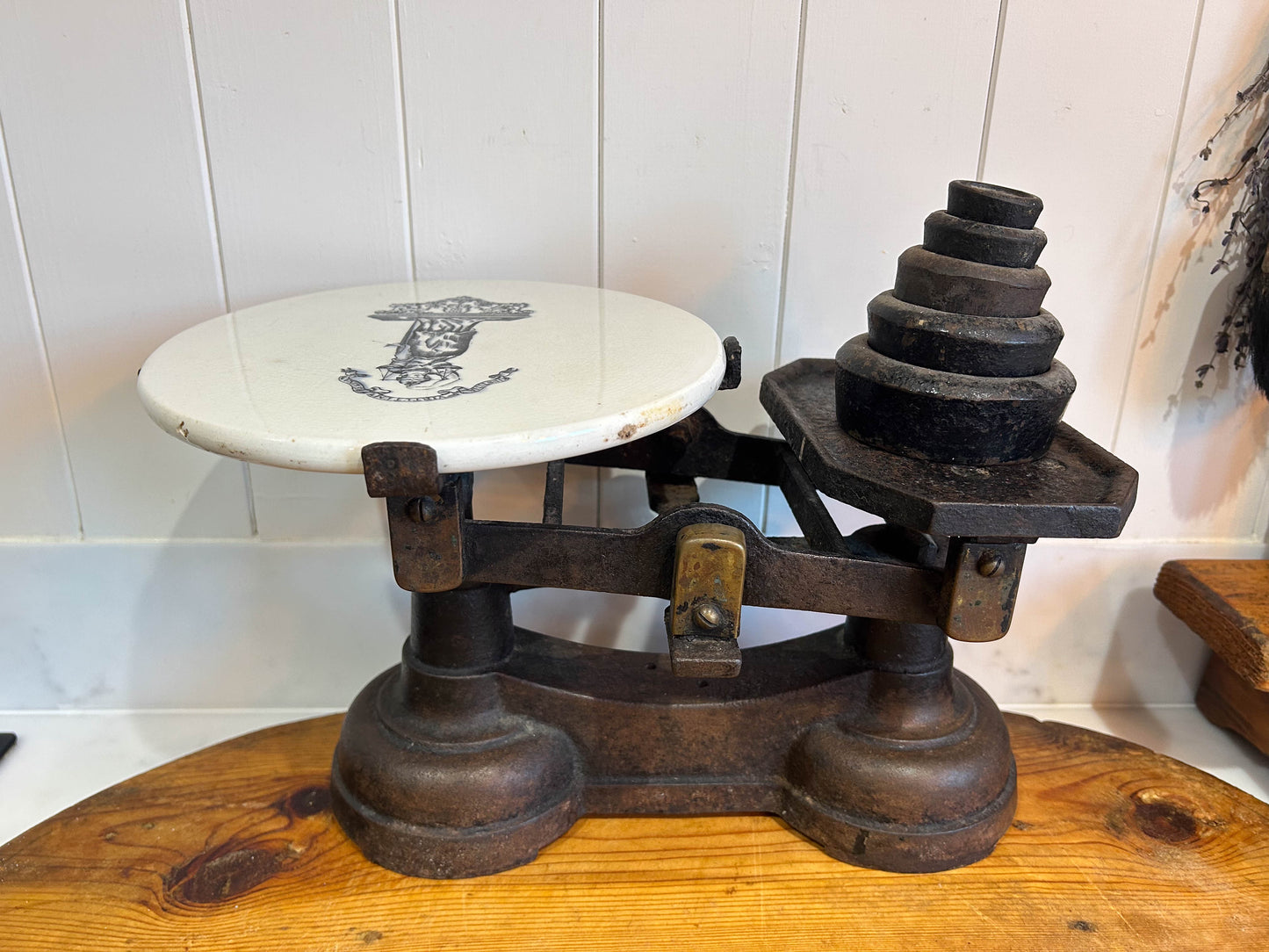 Vintage Antique Victorian Cast Iron Kitchen Balance Scales With Ceramic Plate and Weights