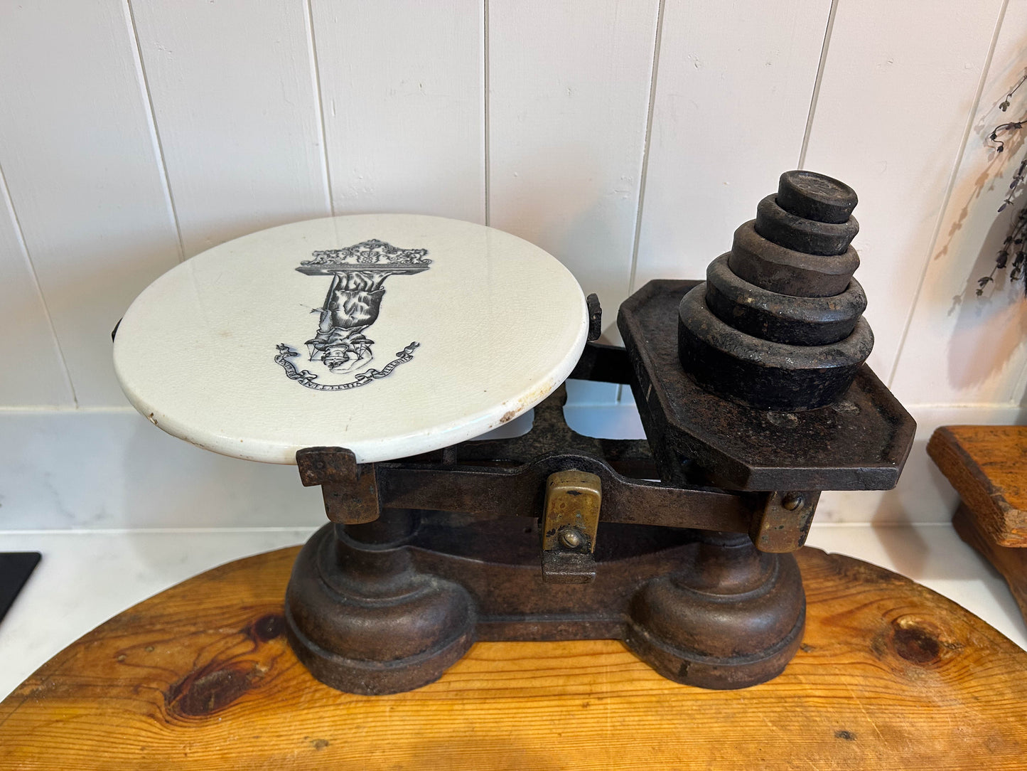Vintage Antique Victorian Cast Iron Kitchen Balance Scales With Ceramic Plate and Weights