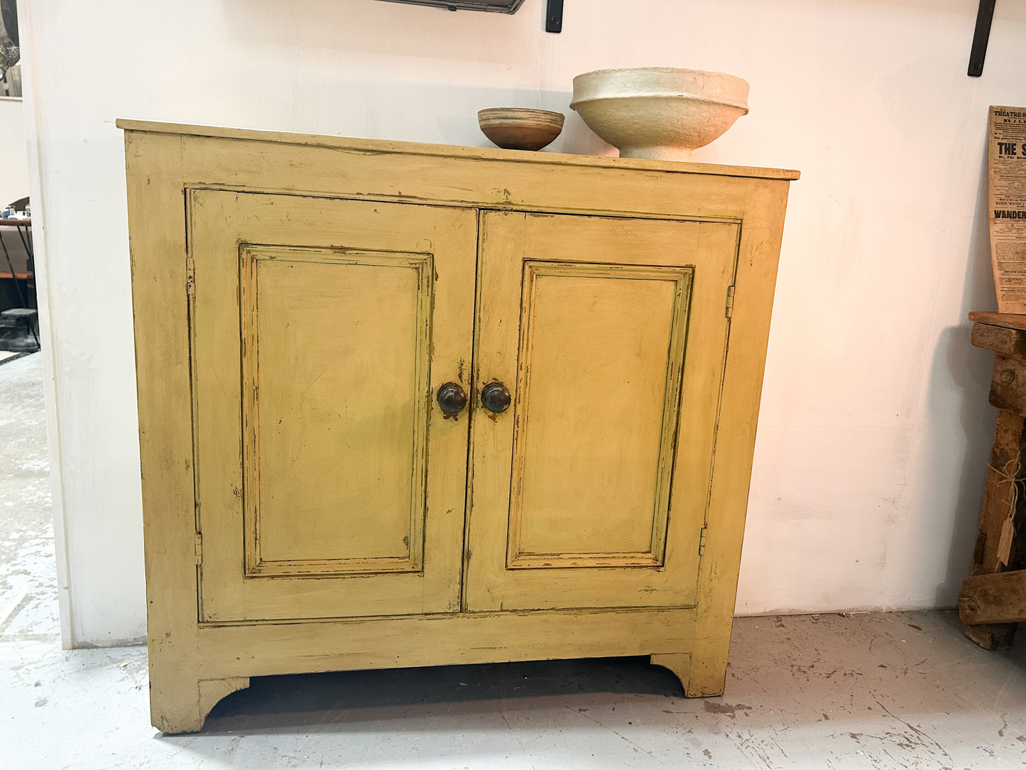 Victorian Pine Yellow Painted Housekeepers Cupboard / Rustic Sideboard / Country Hallway Console Table / Cabinet