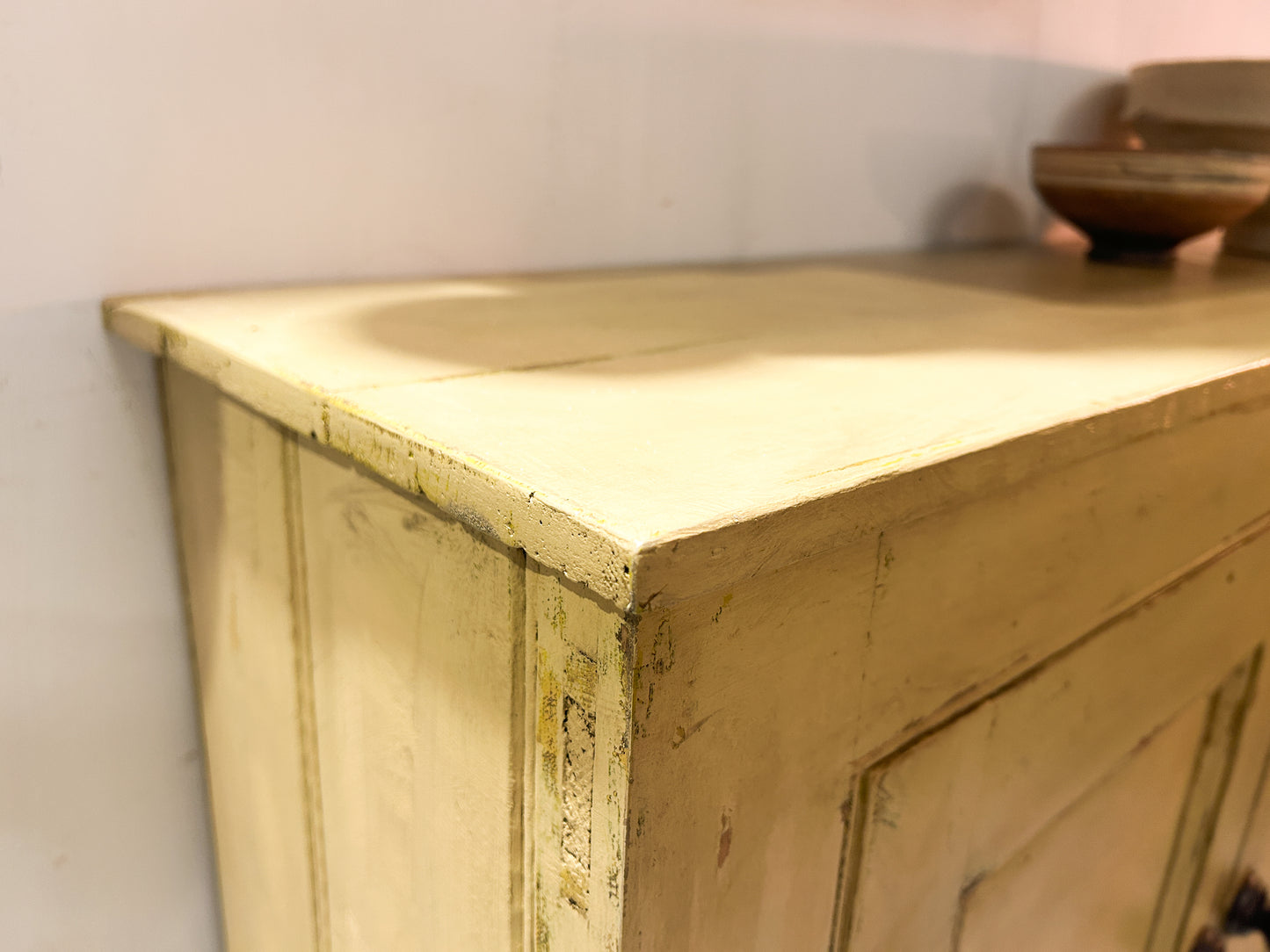 Victorian Pine Yellow Painted Housekeepers Cupboard / Rustic Sideboard / Country Hallway Console Table / Cabinet