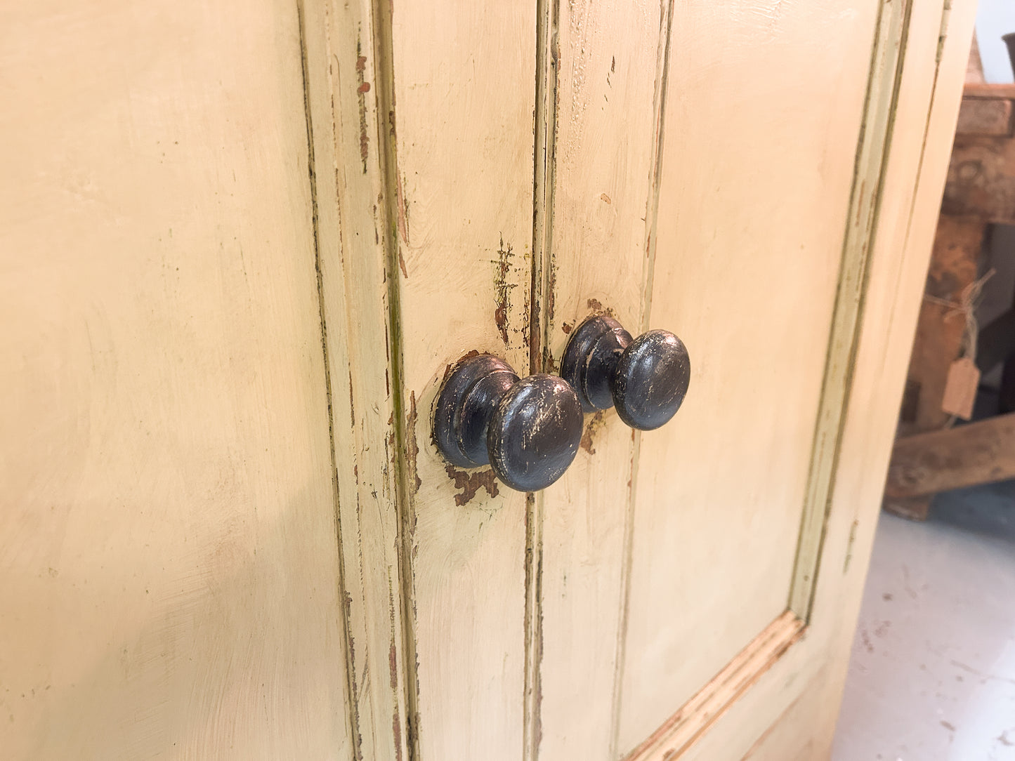 Victorian Pine Yellow Painted Housekeepers Cupboard / Rustic Sideboard / Country Hallway Console Table / Cabinet
