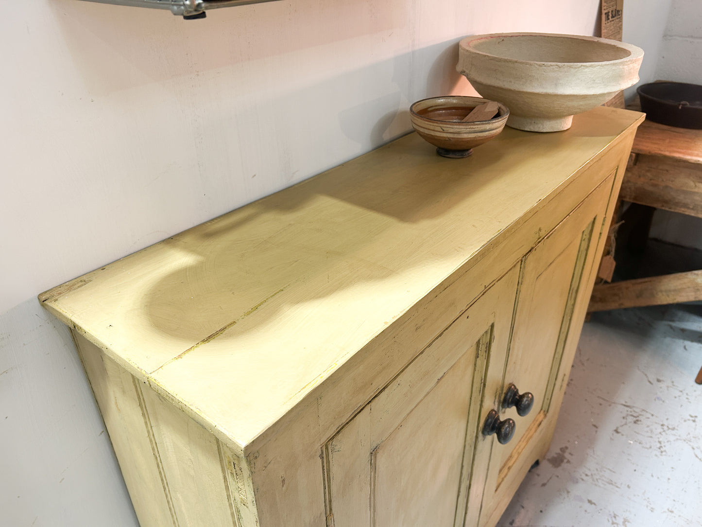 Victorian Pine Yellow Painted Housekeepers Cupboard / Rustic Sideboard / Country Hallway Console Table / Cabinet