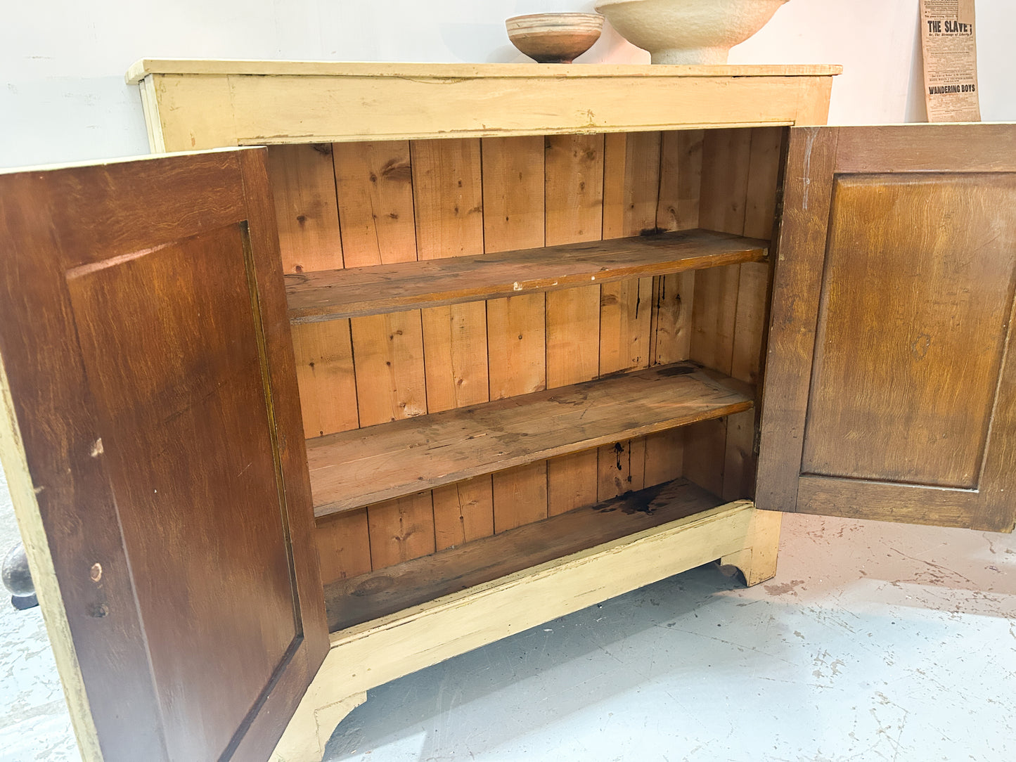 Victorian Pine Yellow Painted Housekeepers Cupboard / Rustic Sideboard / Country Hallway Console Table / Cabinet