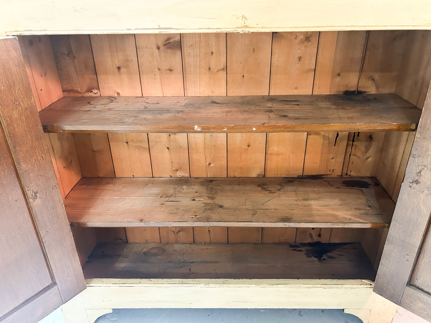 Victorian Pine Yellow Painted Housekeepers Cupboard / Rustic Sideboard / Country Hallway Console Table / Cabinet