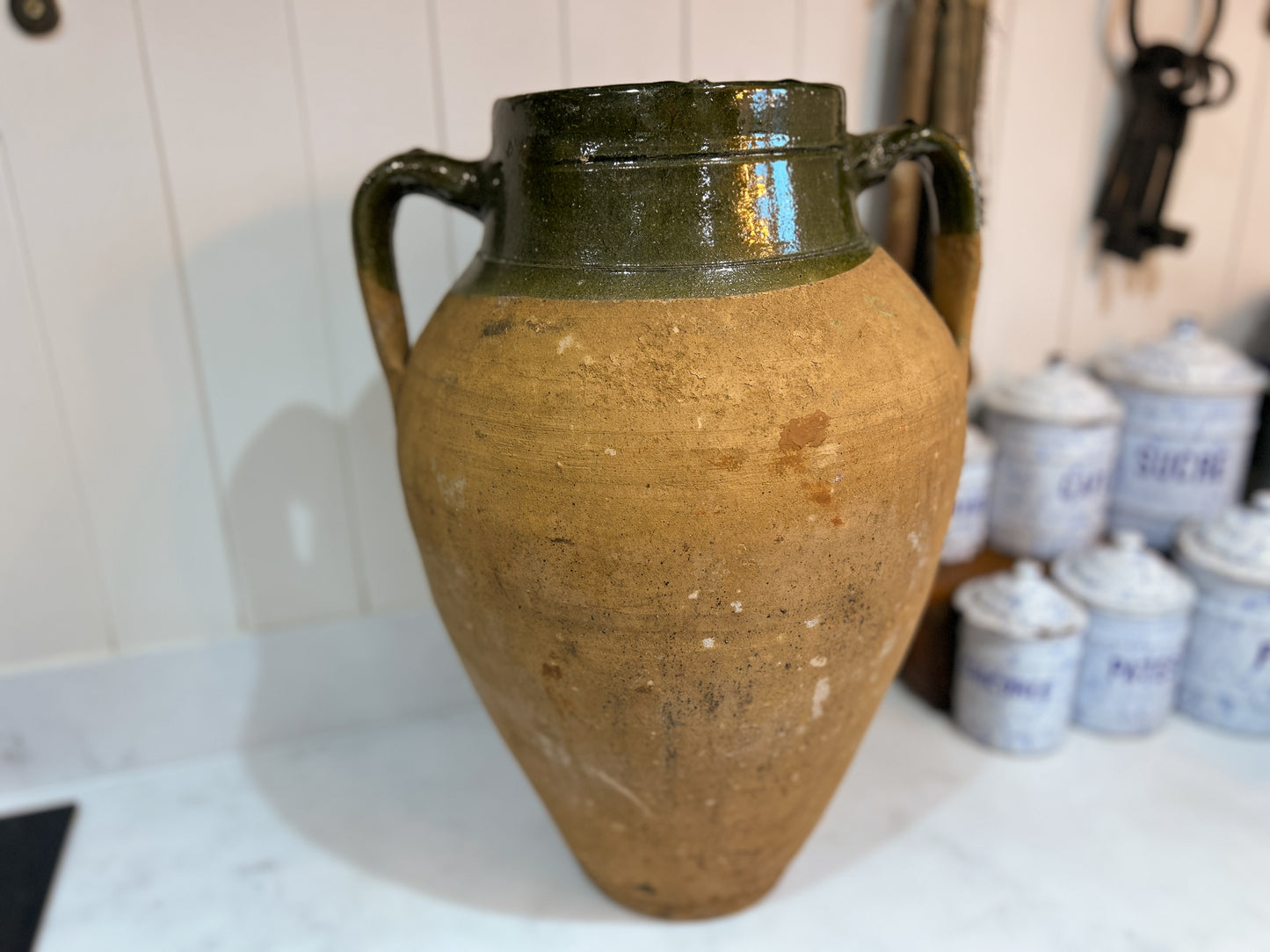 Large Vintage Antique Terracotta Turkish Green Glazed Double Handle Pot / Olive Jar / Green Glazed Rim
