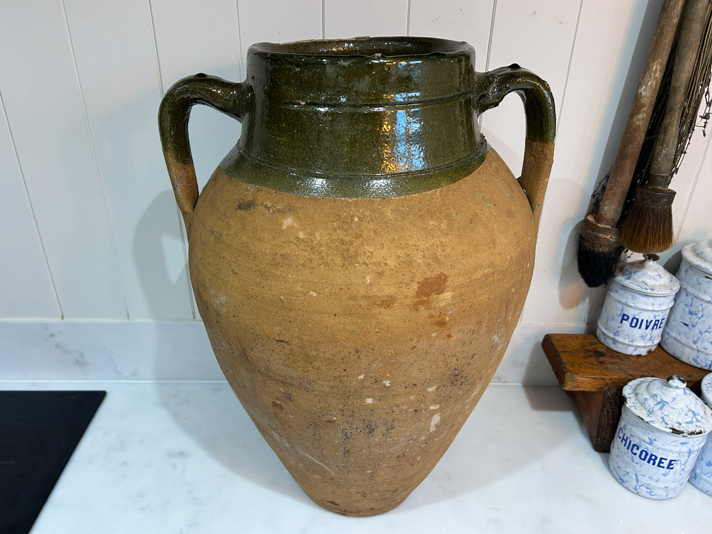 Large Vintage Antique Terracotta Turkish Green Glazed Double Handle Pot / Olive Jar / Green Glazed Rim