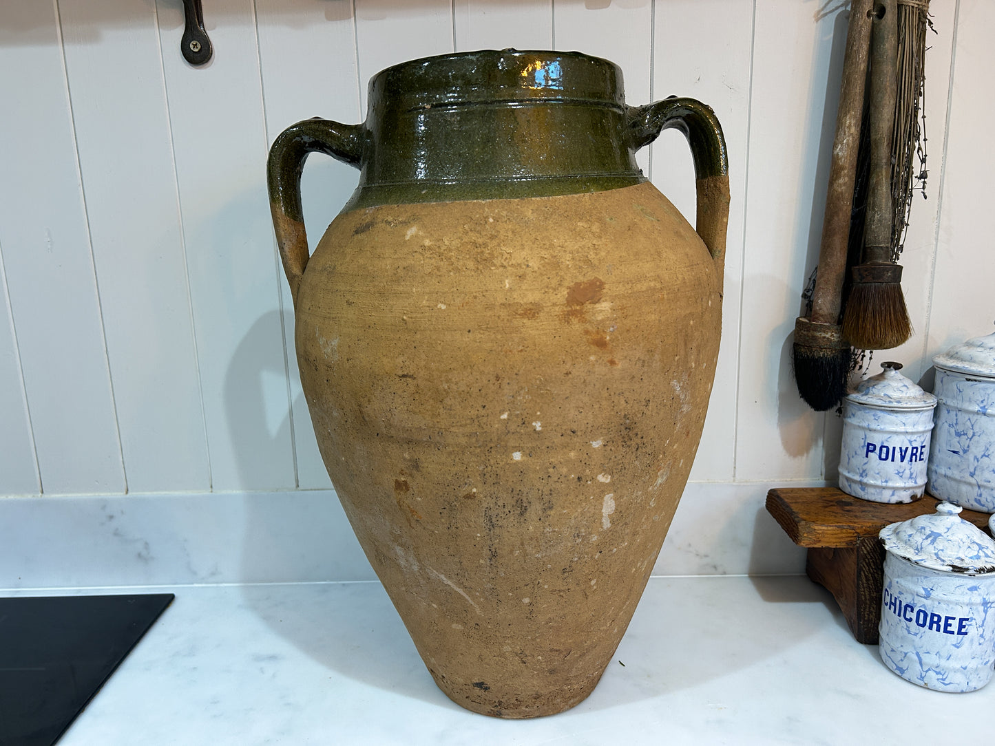 Large Vintage Antique Terracotta Turkish Green Glazed Double Handle Pot / Olive Jar / Green Glazed Rim