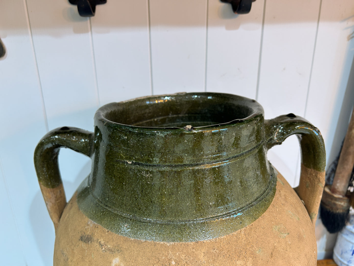 Large Vintage Antique Terracotta Turkish Green Glazed Double Handle Pot / Olive Jar / Green Glazed Rim