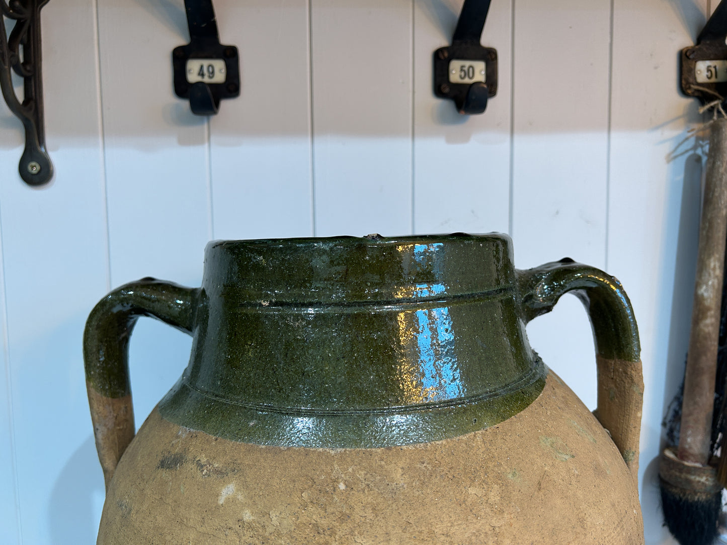 Large Vintage Antique Terracotta Turkish Green Glazed Double Handle Pot / Olive Jar / Green Glazed Rim