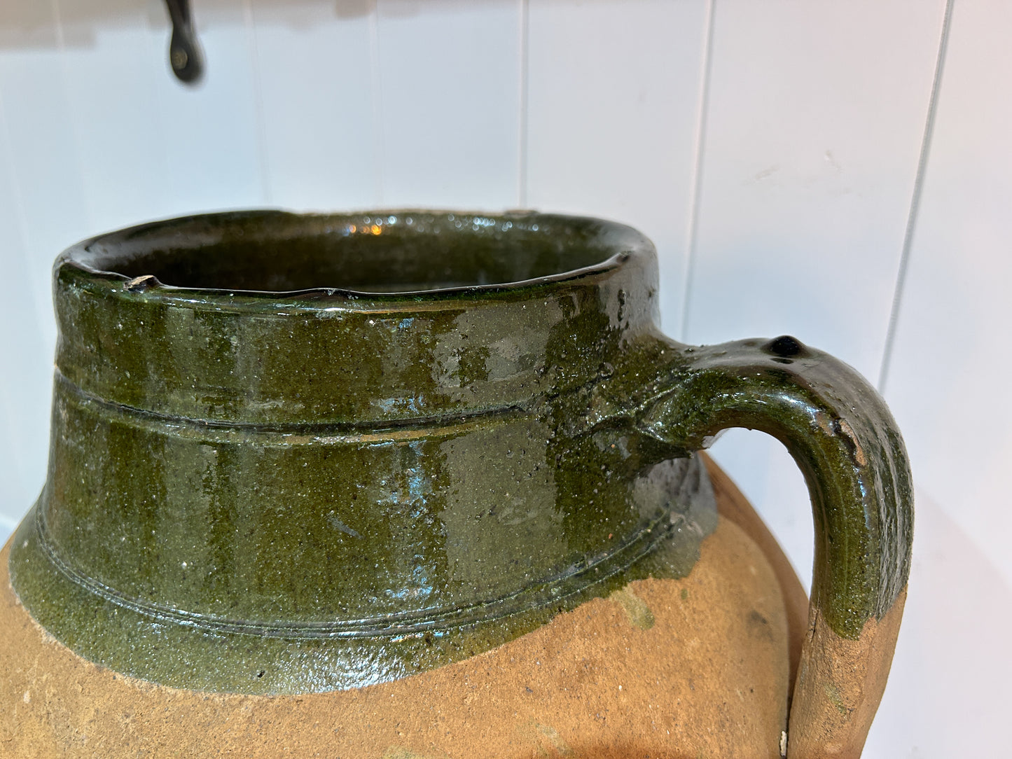 Large Vintage Antique Terracotta Turkish Green Glazed Double Handle Pot / Olive Jar / Green Glazed Rim