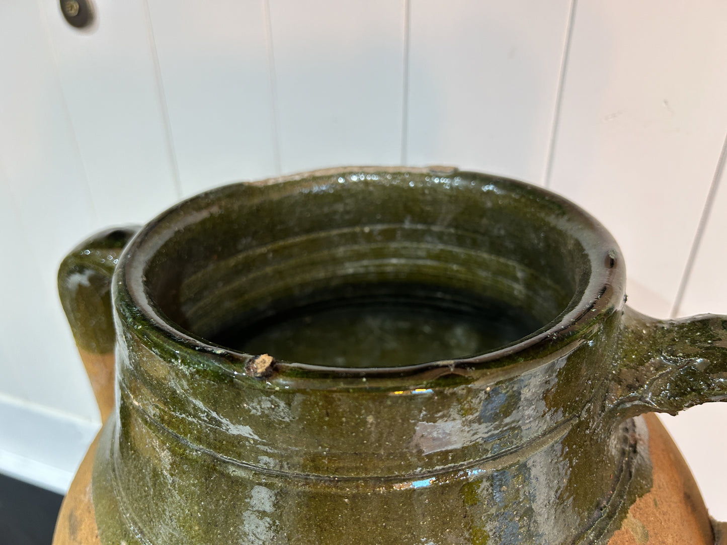 Large Vintage Antique Terracotta Turkish Green Glazed Double Handle Pot / Olive Jar / Green Glazed Rim
