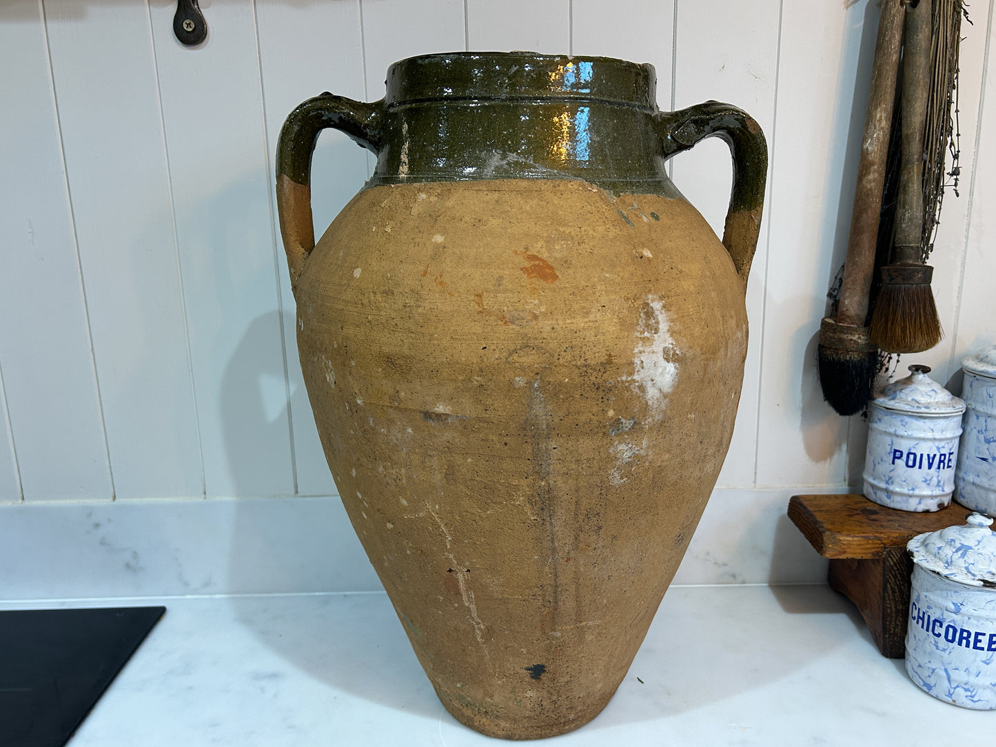 Large Vintage Antique Terracotta Turkish Green Glazed Double Handle Pot / Olive Jar / Green Glazed Rim
