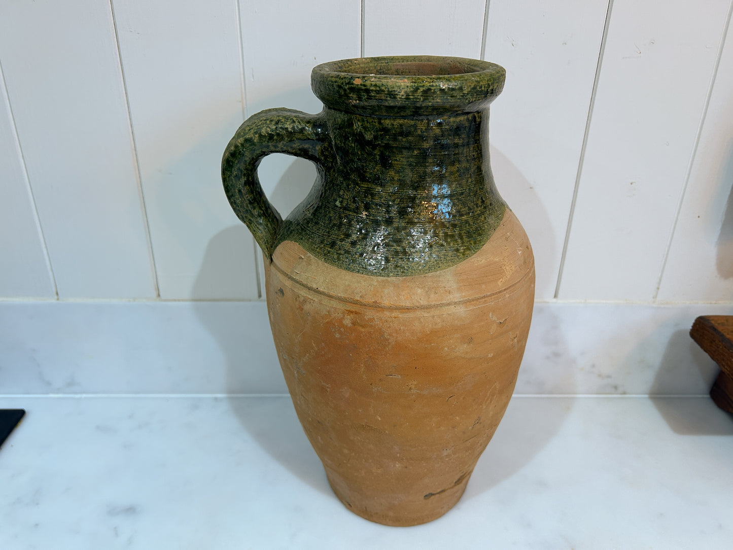 Vintage Antique Terracotta Turkish Green Glazed Handle Pot / Olive Jar / Green Glazed Rim