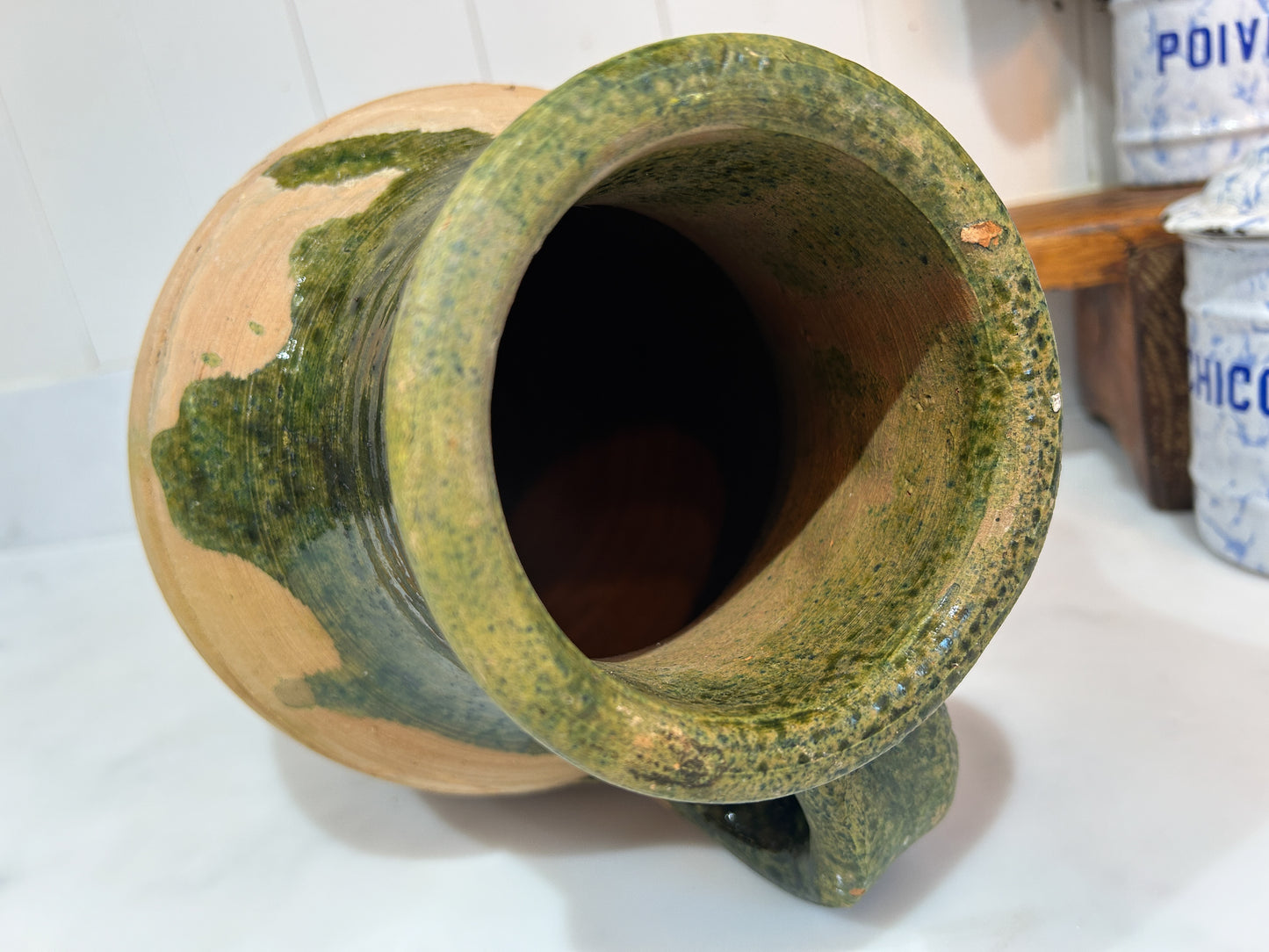 Vintage Antique Terracotta Turkish Green Glazed Handle Pot / Olive Jar / Green Glazed Rim