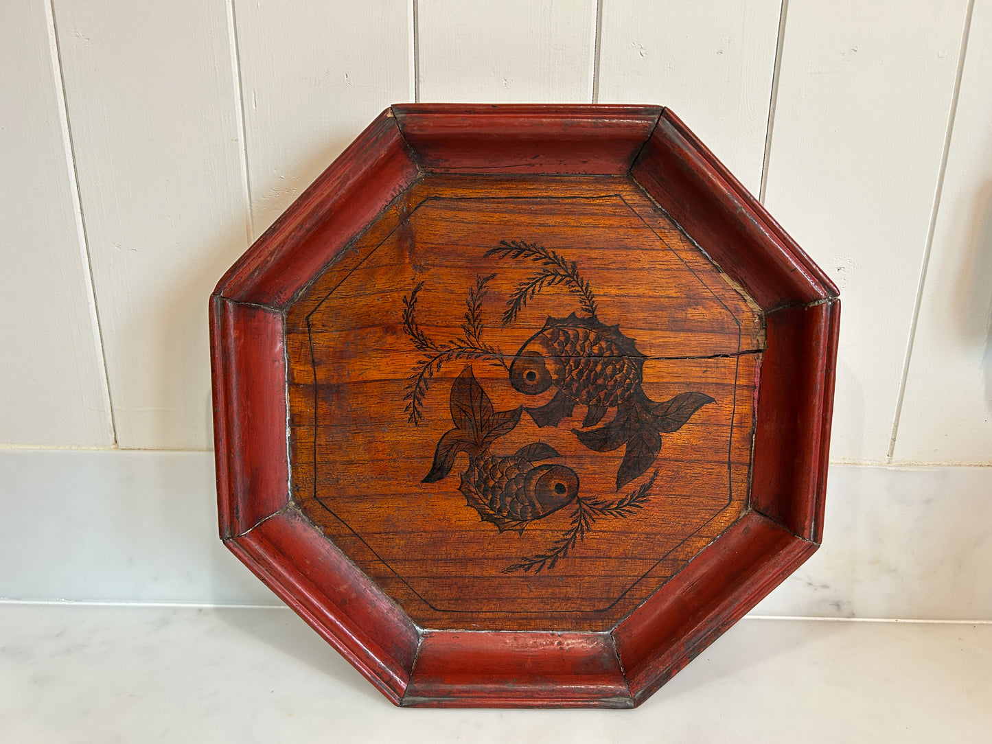 Early 20th Century Antique Vintage Chinese Red Lacquered Octagon Serving Plate