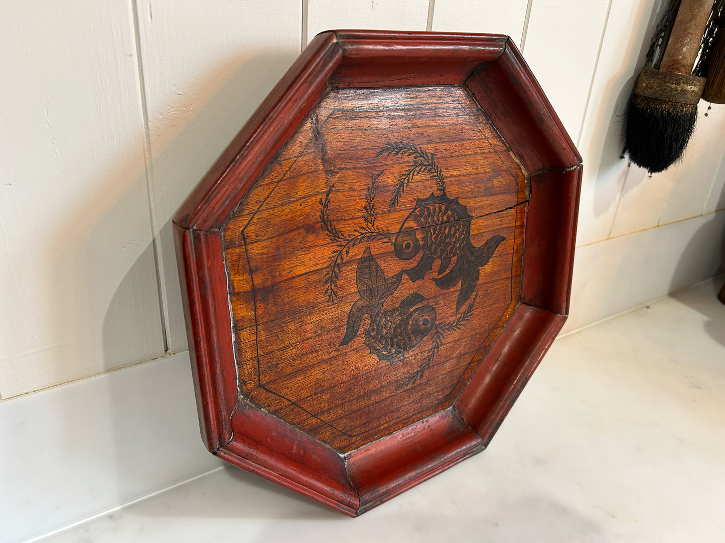 Early 20th Century Antique Vintage Chinese Red Lacquered Octagon Serving Plate