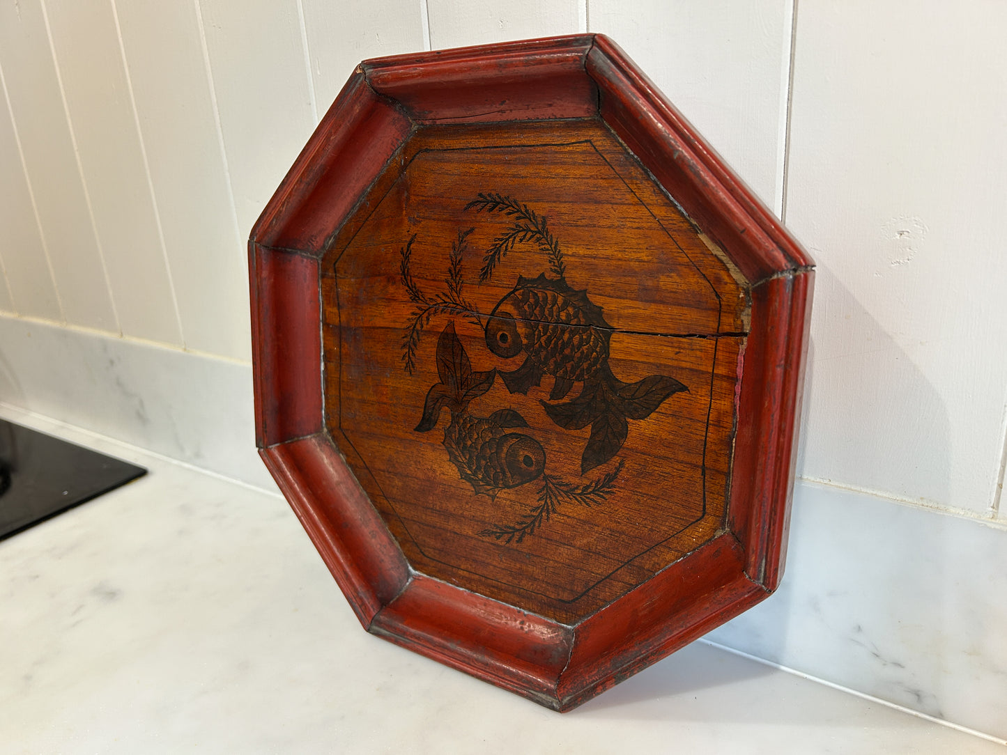 Early 20th Century Antique Vintage Chinese Red Lacquered Octagon Serving Plate