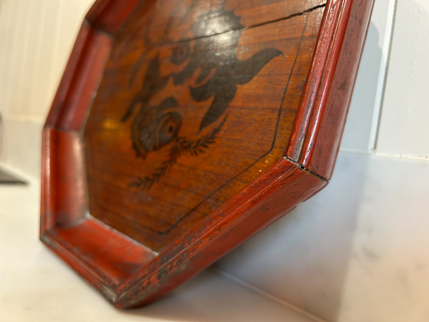 Early 20th Century Antique Vintage Chinese Red Lacquered Octagon Serving Plate