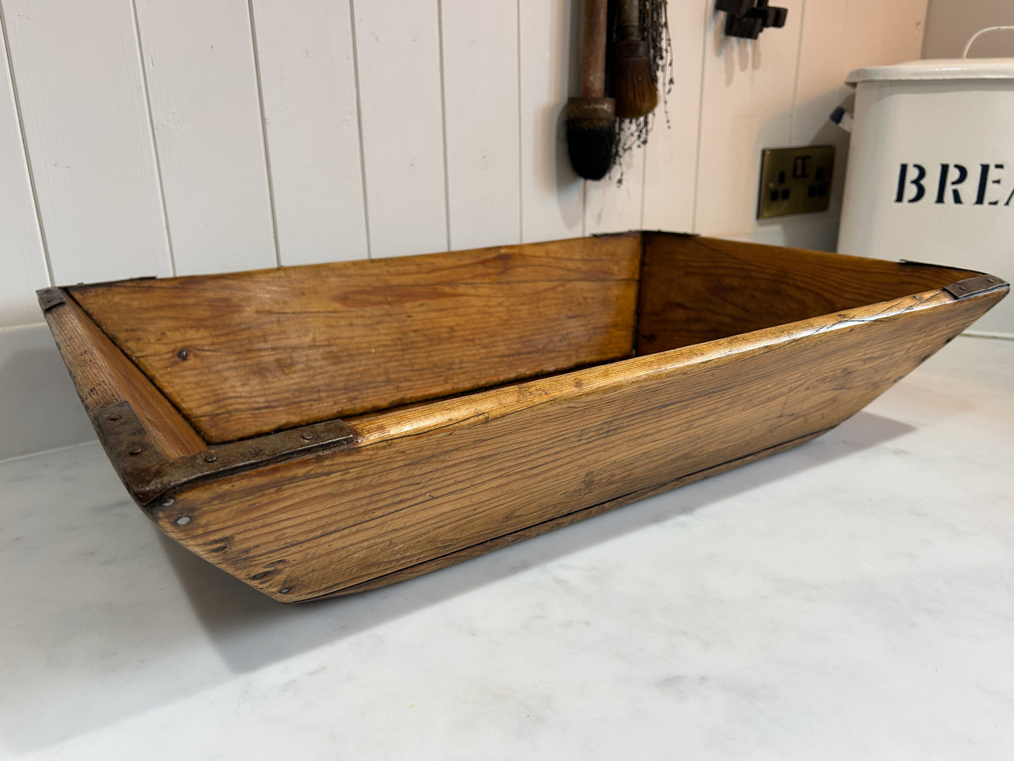 Wooden Rustic Antique Rectangular Dough Trough with Metal Detailing / Farmhouse Kitchen Storage