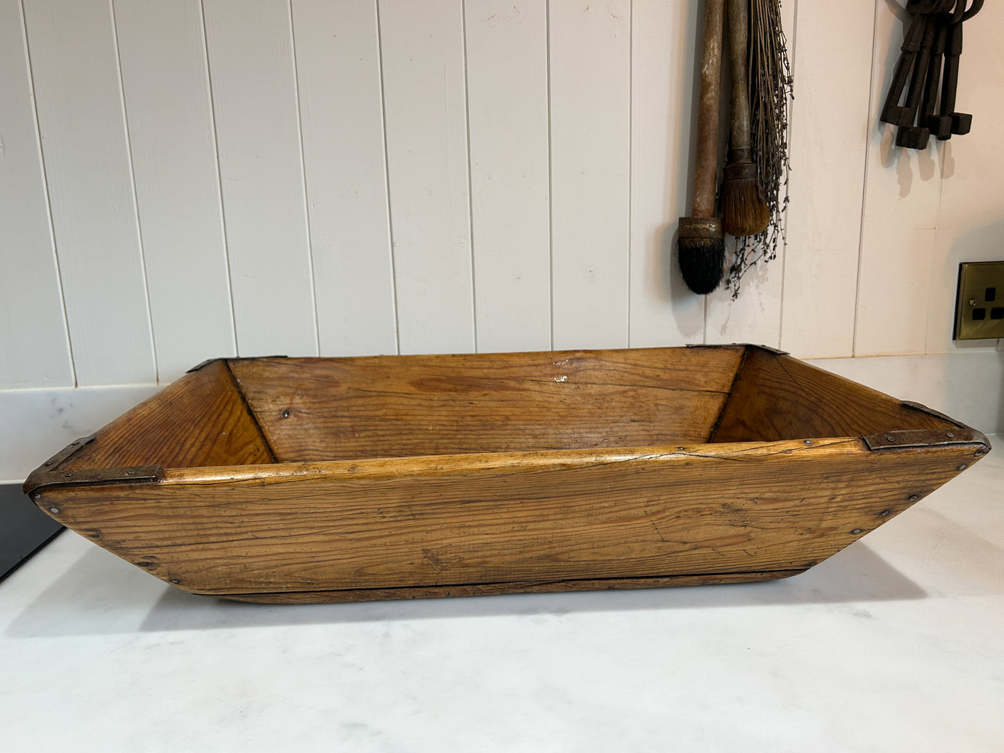 Wooden Rustic Antique Rectangular Dough Trough with Metal Detailing / Farmhouse Kitchen Storage