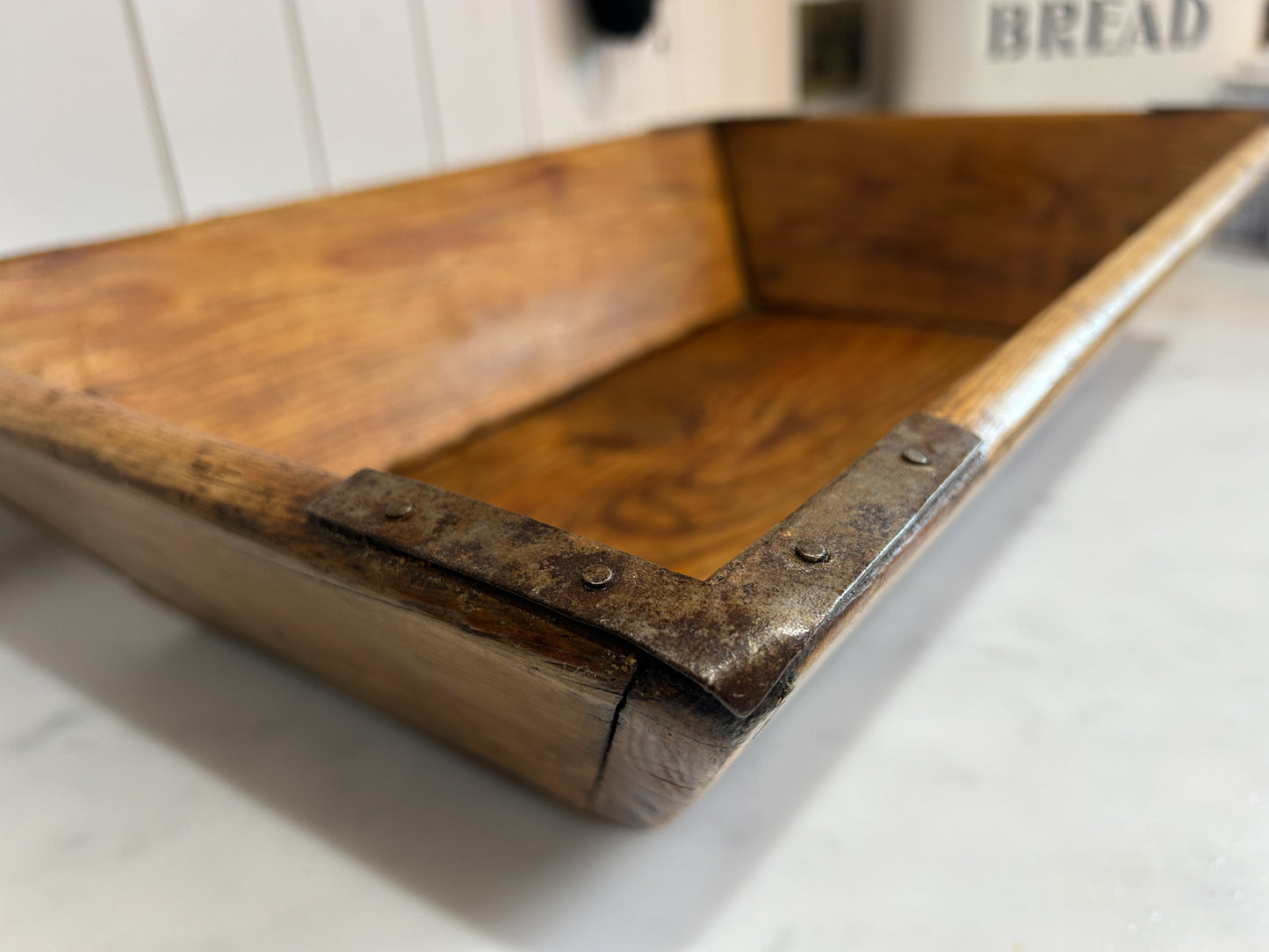 Wooden Rustic Antique Rectangular Dough Trough with Metal Detailing / Farmhouse Kitchen Storage