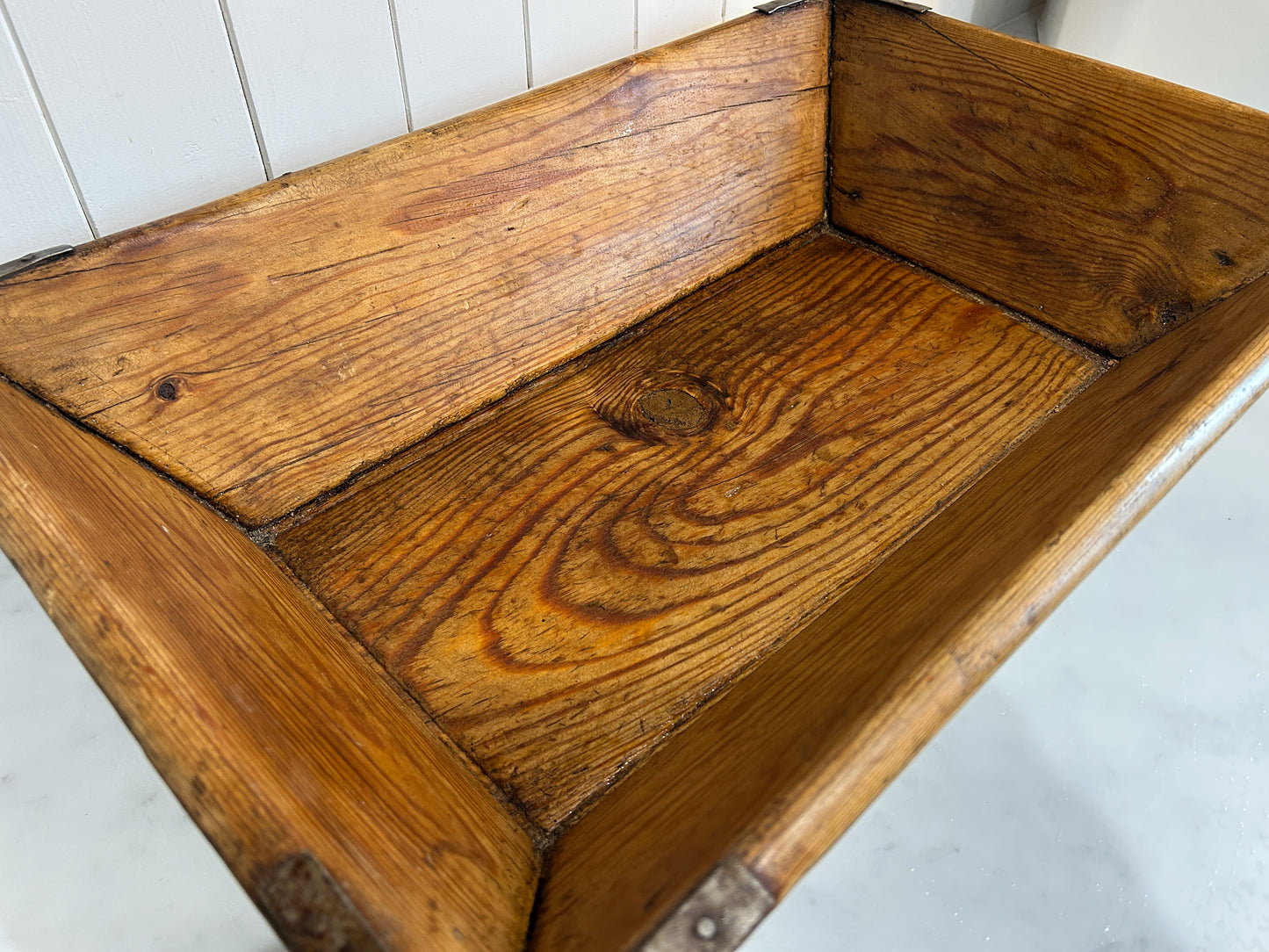 Wooden Rustic Antique Rectangular Dough Trough with Metal Detailing / Farmhouse Kitchen Storage