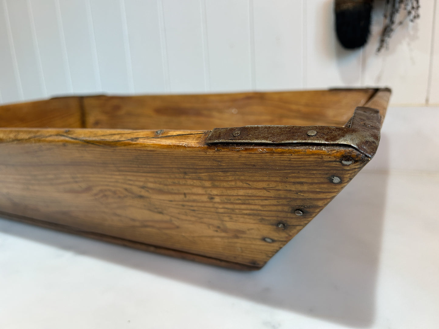 Wooden Rustic Antique Rectangular Dough Trough with Metal Detailing / Farmhouse Kitchen Storage