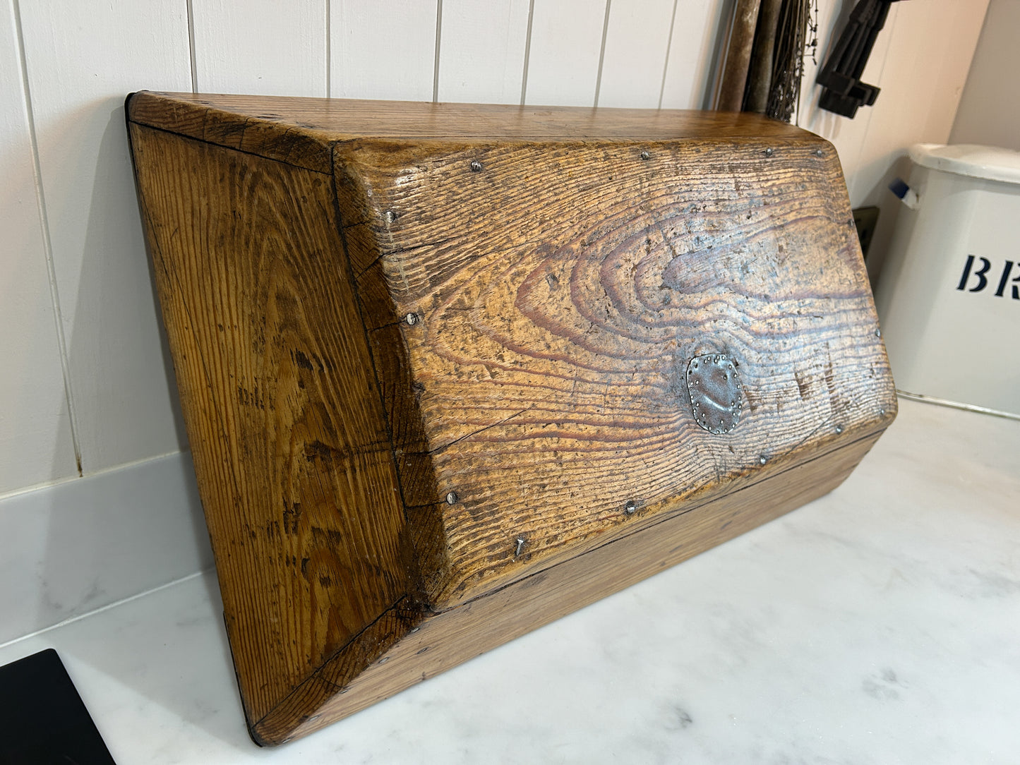 Wooden Rustic Antique Rectangular Dough Trough with Metal Detailing / Farmhouse Kitchen Storage