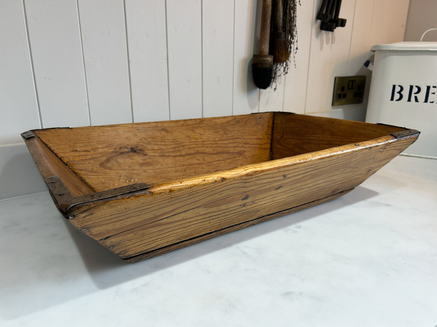Wooden Rustic Antique Rectangular Dough Trough with Metal Detailing / Farmhouse Kitchen Storage
