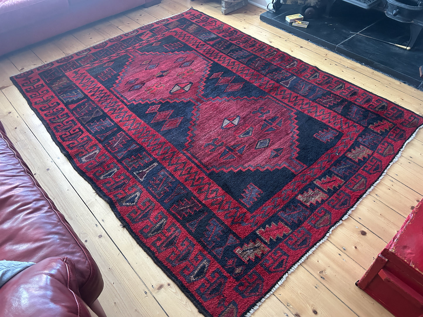 Vintage Handmade Hand-Woven Afghan Red & Black Aztec Rug