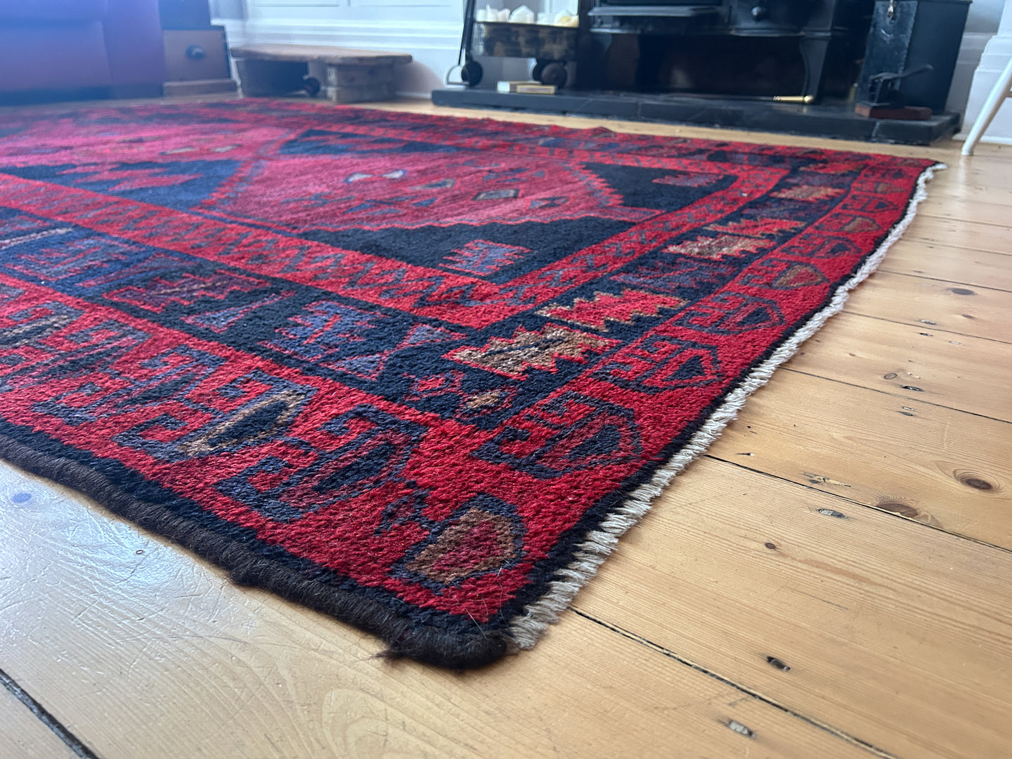 Vintage Handmade Hand-Woven Afghan Red & Black Aztec Rug