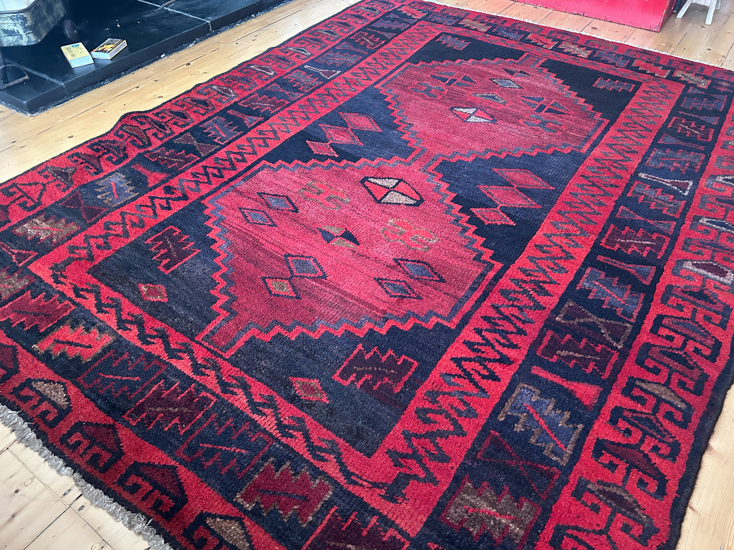 Vintage Handmade Hand-Woven Afghan Red & Black Aztec Rug