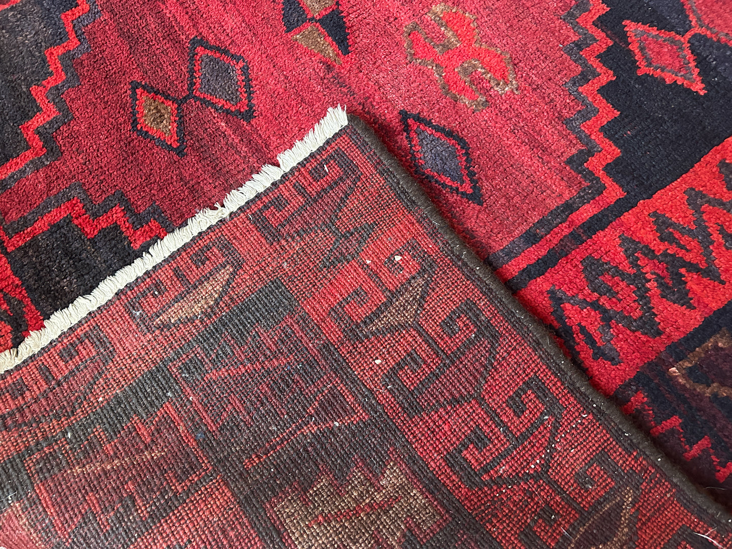 Vintage Handmade Hand-Woven Afghan Red & Black Aztec Rug